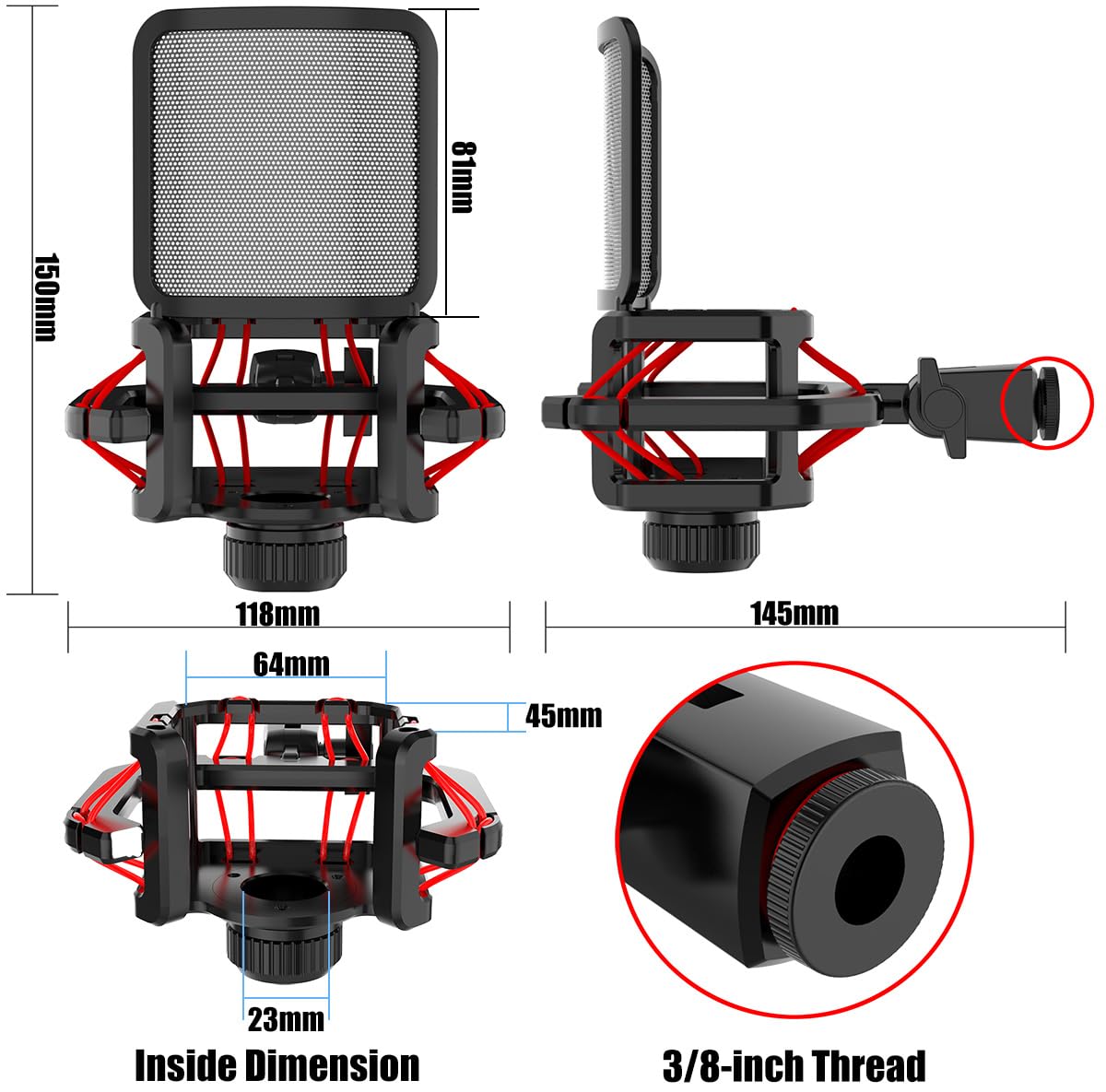 Microphone shock mount with Filter Screen Compatible with Lewitt RAY LCT-240 Pro LCT 440 Pure LCT 441 FLEX AKG C series Protruding Stems (d?23 mm)