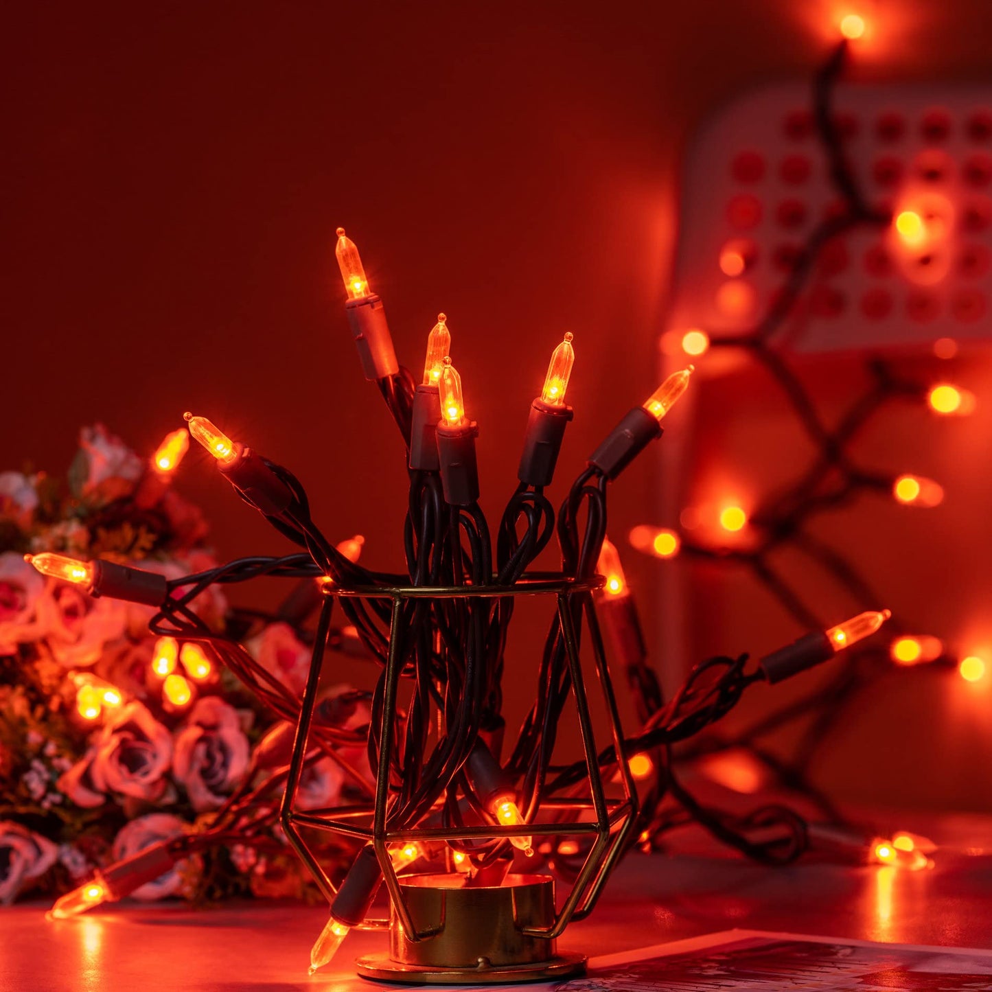 YULETIME 200 Orange Christmas String Lights, 2-Set 33 ft 100 LED Brown Wire