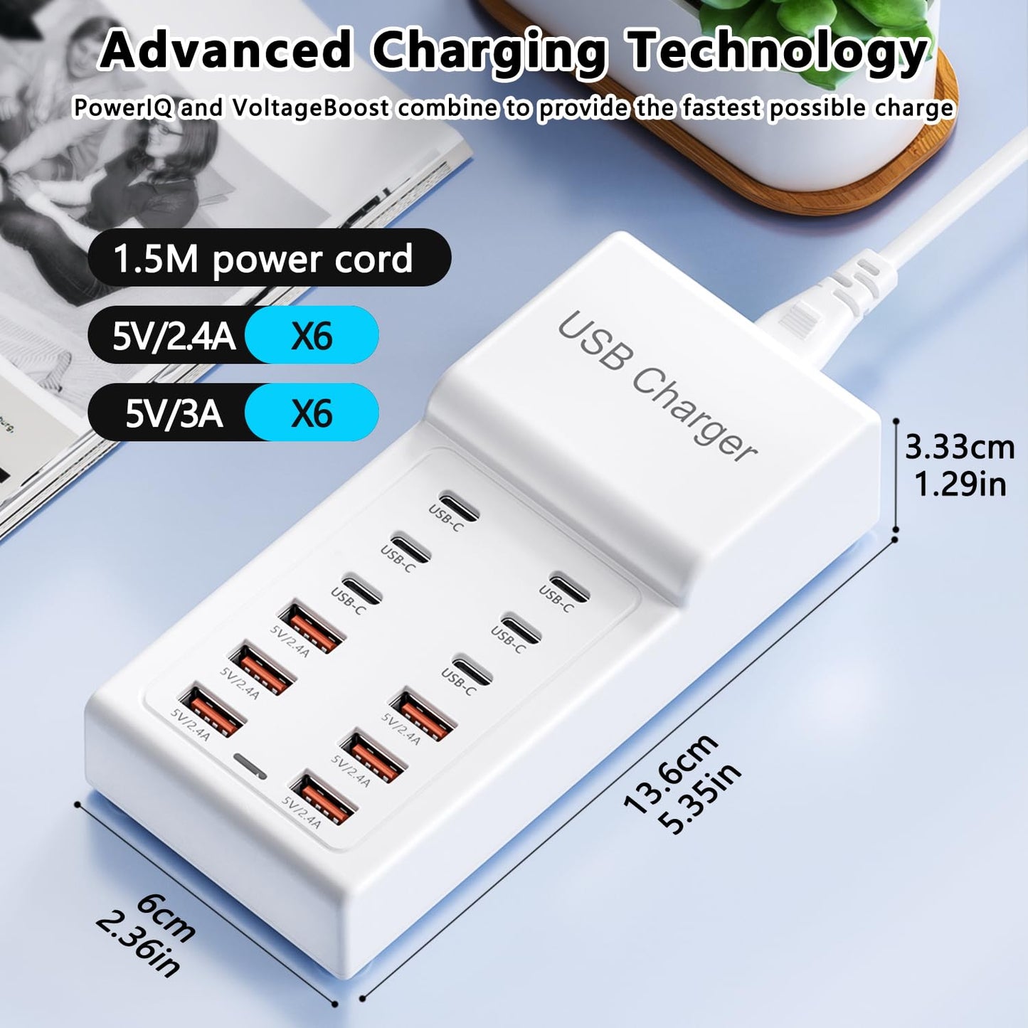 USB Charging Station, 12 Ports (6USBA + 6USBC) USB Charger Hub, 50W Multi USBC Power Strip for iPhone, Samsung, Tablet, USBA Extension Cord