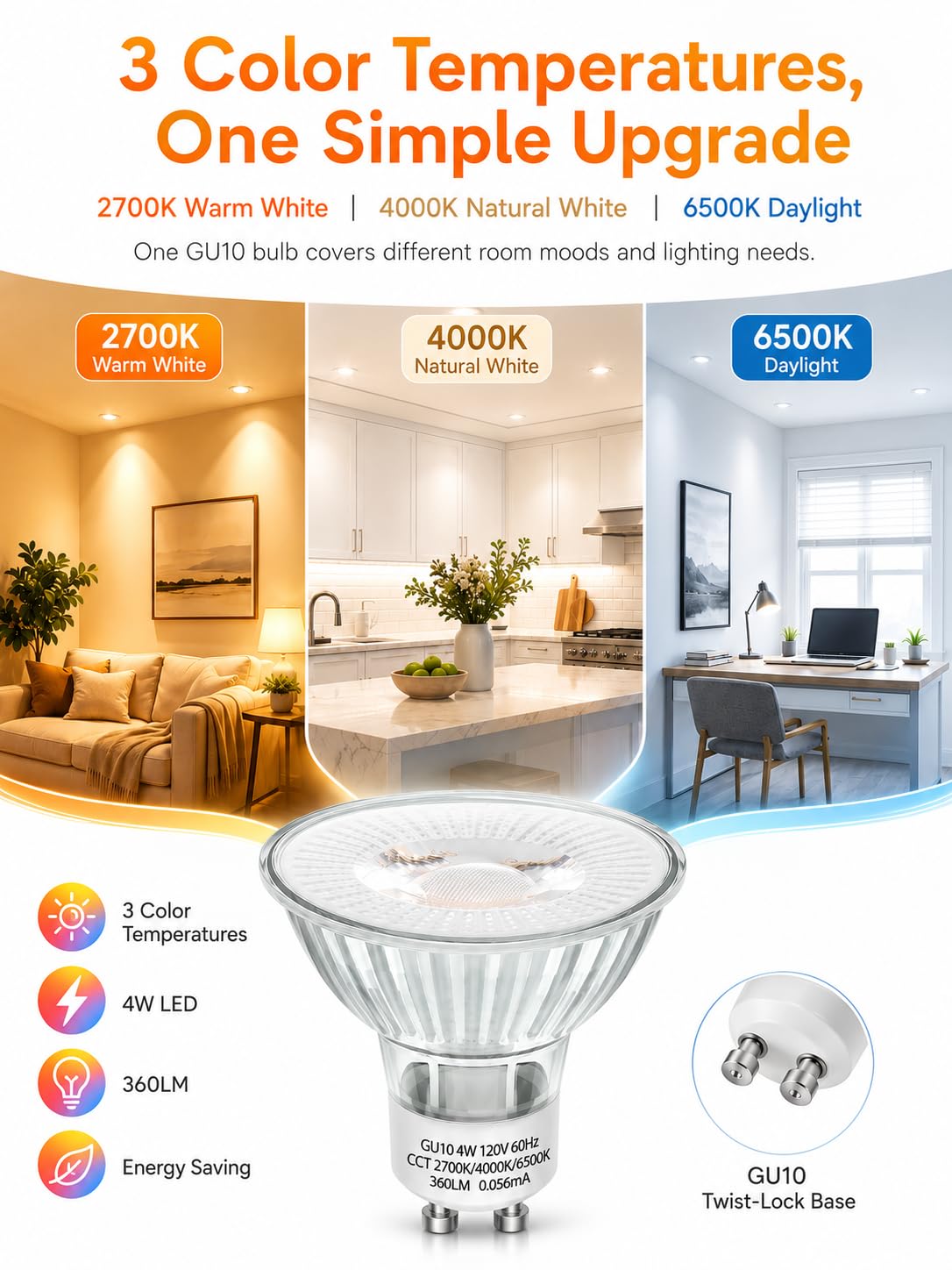 SerBion 6-Pack GU10 LED Bulbs Color Changing - 4 Watt Light Bulbs for Recessed Lighting, Track Lighting, Accent Lights(Not for Candle Warmers) - MR16