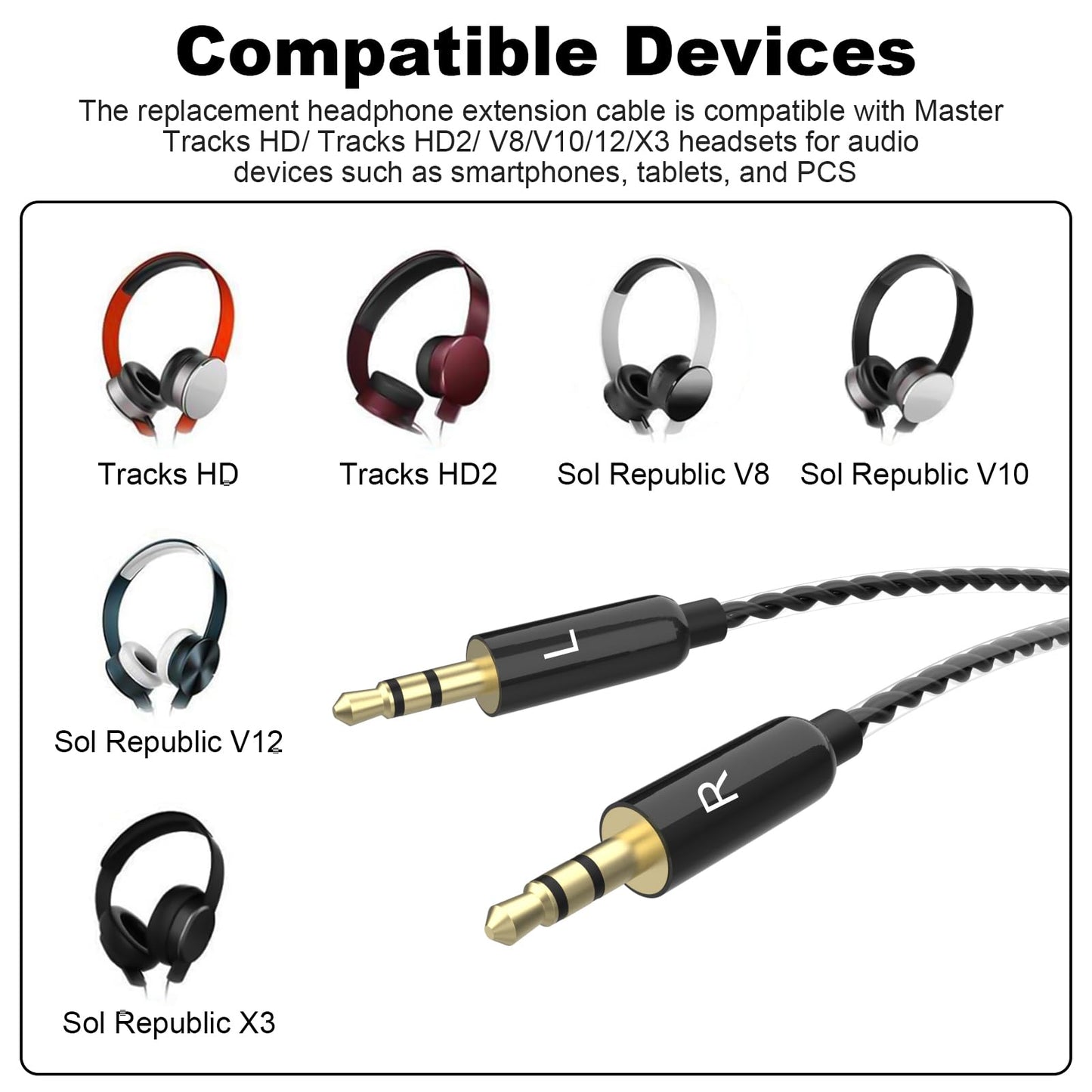 Sol Republic Headphones Cable Compatible with Sol Republic Master Tracks HD V8, V10, V12, Sol Republic X3 Headphone, Sol Republic Cable with Remote…