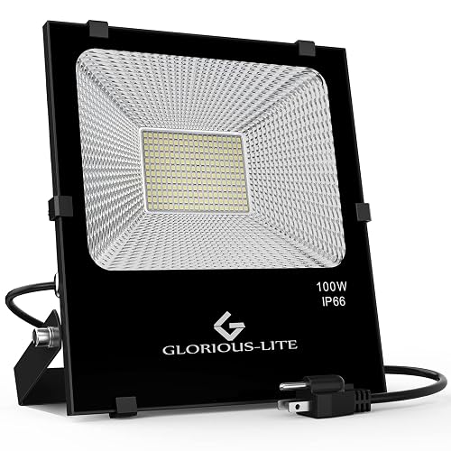 GLORIOUS-LITE 100W Flood Lights Outdoor, 8000 Lumen LED Floodlight Plug in for Outside Yard, IP66 Waterproof 6500K Bright Exterior Work Light