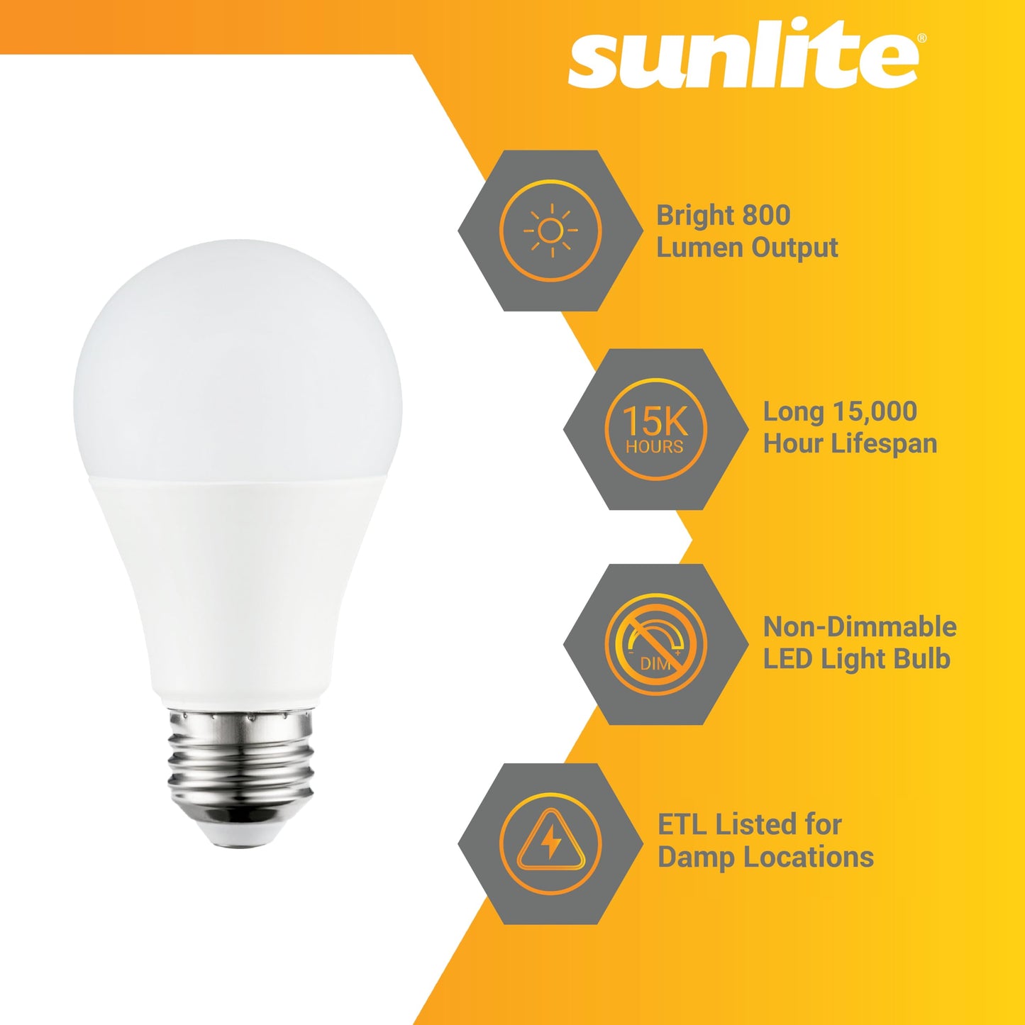 Sunlite 80682 LED A19 Household Light Bulbs, 9 Watts (60W Equivalent), 800 Lumens, Medium Base (E26), Non-Dimmable, 200 Degree Beam Angle, ETL Listed