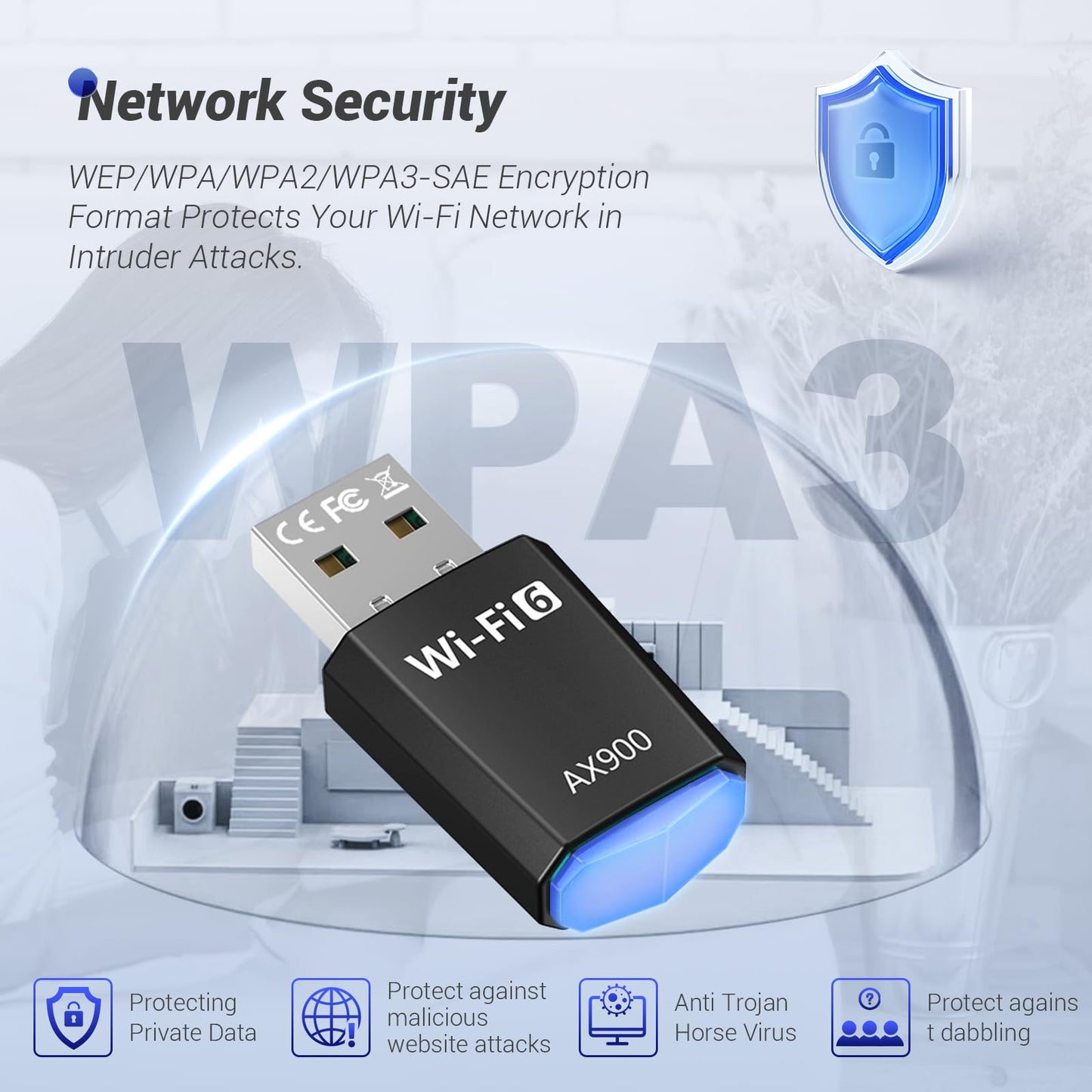 WiFi Adapter for Desktop PC, AX900 USB WiFi 6 Adapter with 5GHz/2.4GHz Dual Band, WiFi Dongle Wireless WiFi Adapter for Supports Windows 10/11, WiFi 6