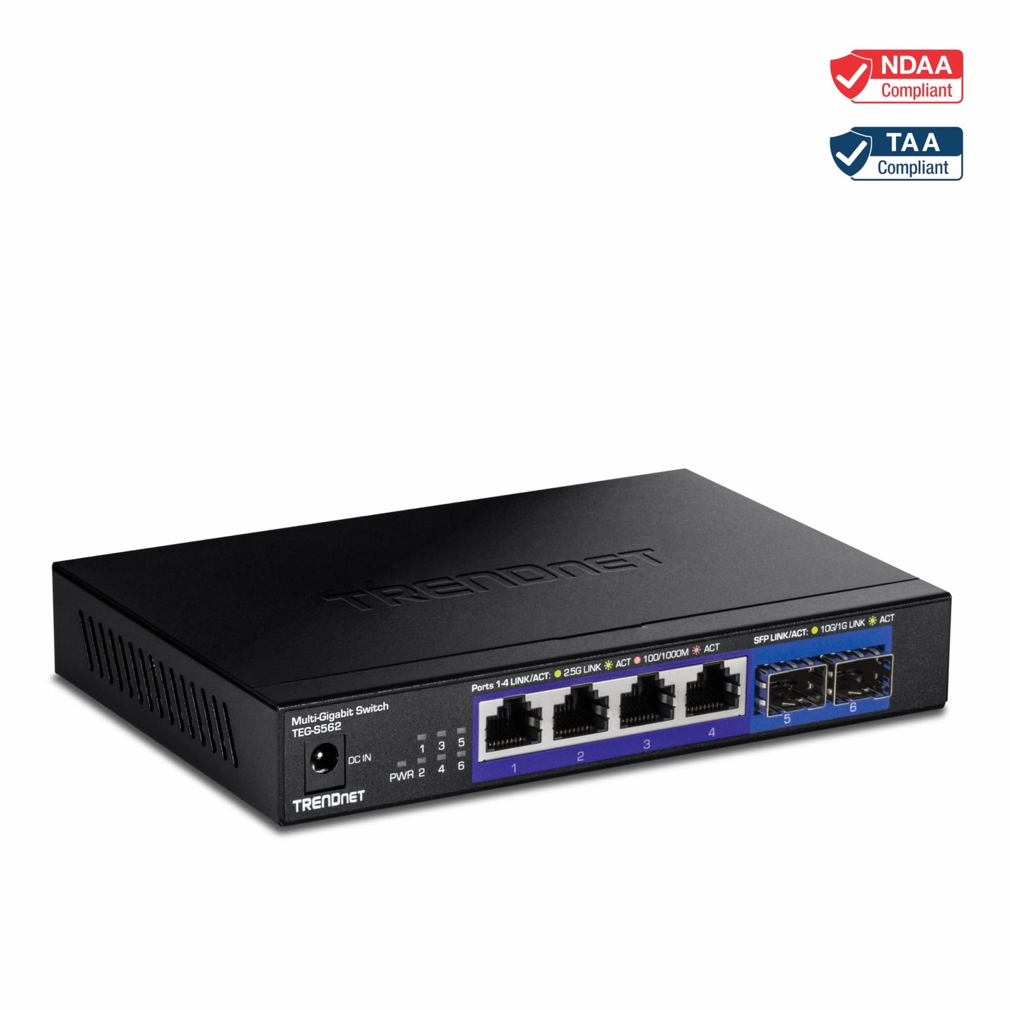 TRENDnet 6-Port Unmanaged Multi-Gig Switch, 4 x 2.5GBASE-T Ports, 2 x 10G SFP+ Ports Fanless, Compact Desktop Design, Metal Housing,Black, TEG-S562