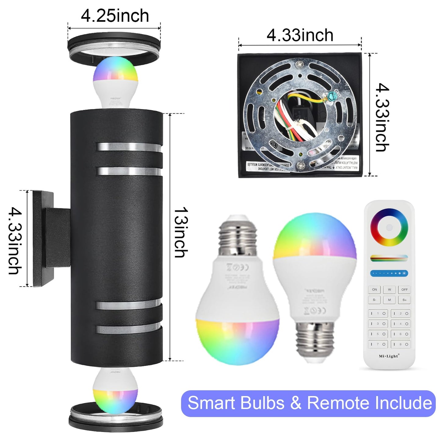 wowlite Outdoor Wall Lights for House, Remote Control Smart RGBCW Up and Down Lights Outdoor Sconce RGB Color Changing, Black Cylinder Aluminum