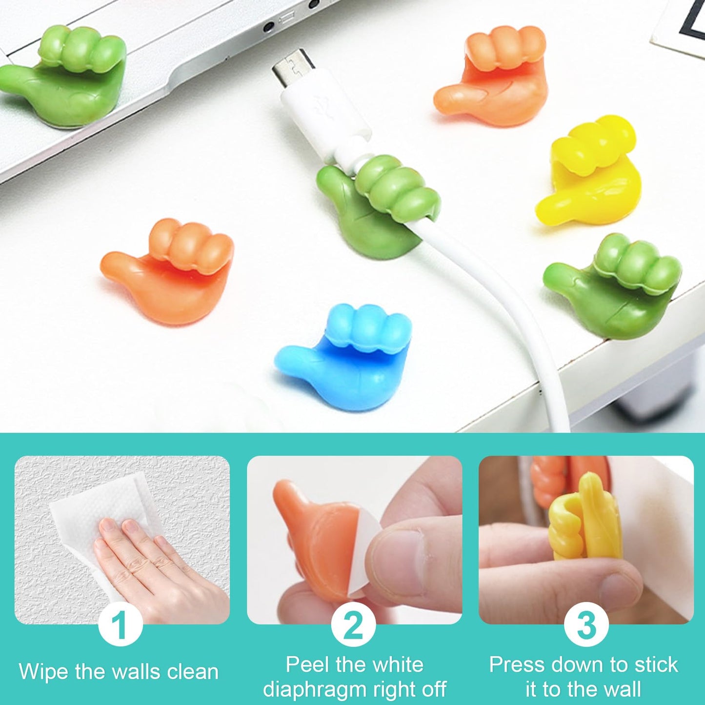 Ryetvok 40 Pcs Creative Thumbs Up Wall Hooks, Self-Adhesive Silicone Thumb Holders, Multi-Function Cord Holder Clips for Desk Wall Nightstand, Wire