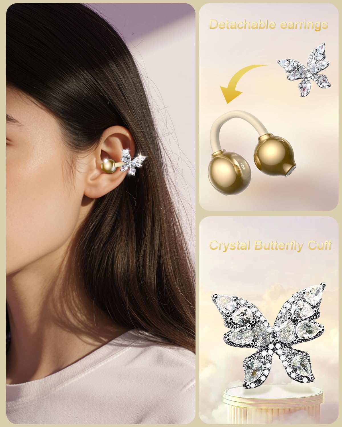 Alfu Bluetooth Wireless Open Ear Earbuds: Jewelry Clip On Headphones with Butterfly Earrings - Bluetooth 6.0 IPX5 Waterproof Earphones with Fashion