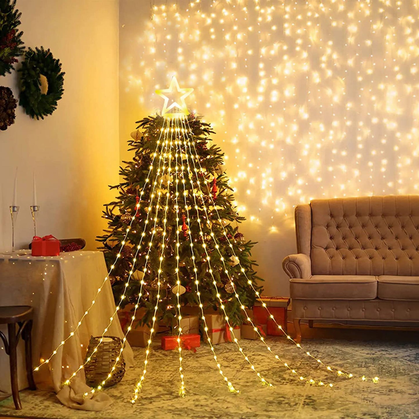 Outdoor Christmas Decorations Star String Lights, 317 LED 11.5 ft Waterfall Tree Lights with 8 Memory Lighting Modes&Timer Christmas Star Lights