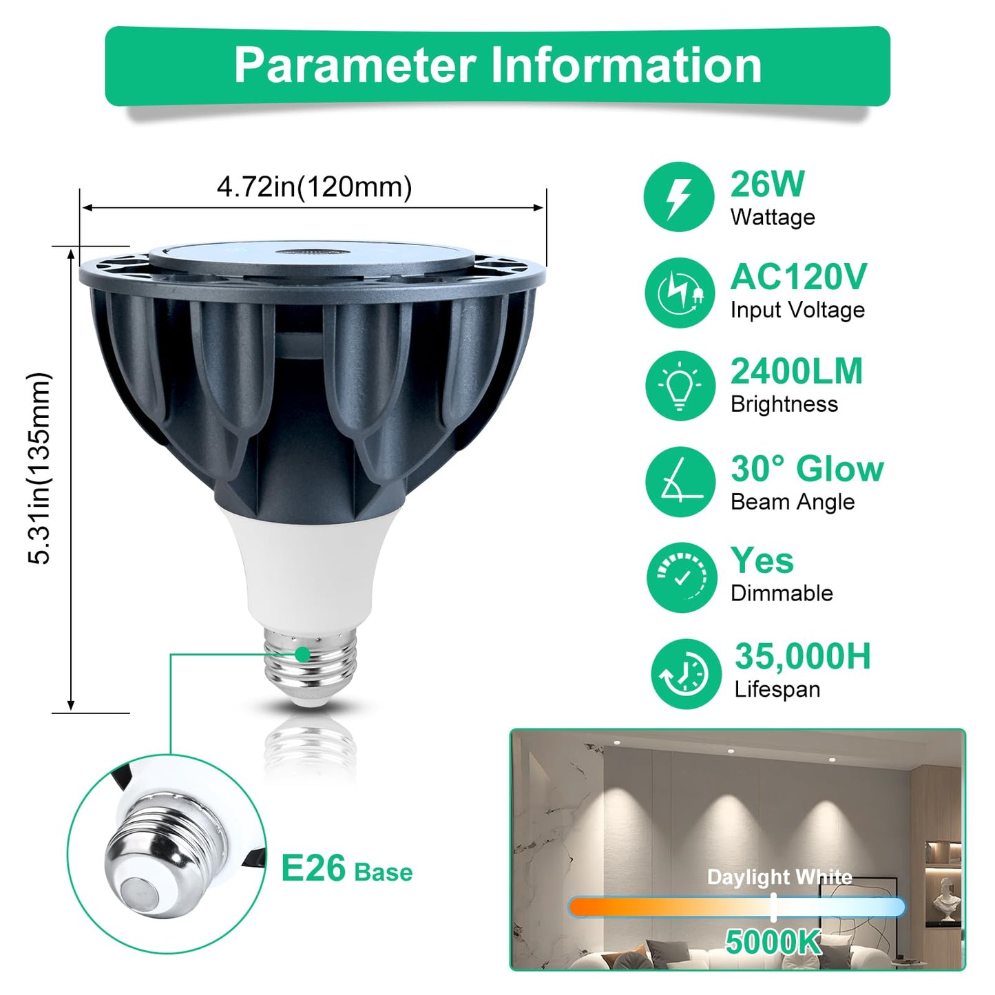 LEDBEFINE PAR38 LED Bulb Dimmable 5000K Daylight White 2400 Lumens, 200W Equivalent, 120V E26 Base, 30 Degree Beam Angle Spotlight, 1-Pack