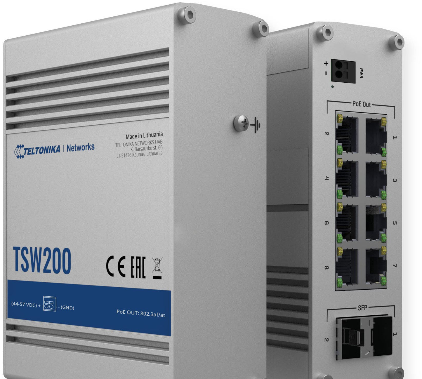 Teltonika TSW200000010 Model TSW200 Industrial Unmanaged POE+ Switch, 8X PoE Ports, 8 x Ethernet Ports, Rugged Aluminum Housing, 2 SFP Ports