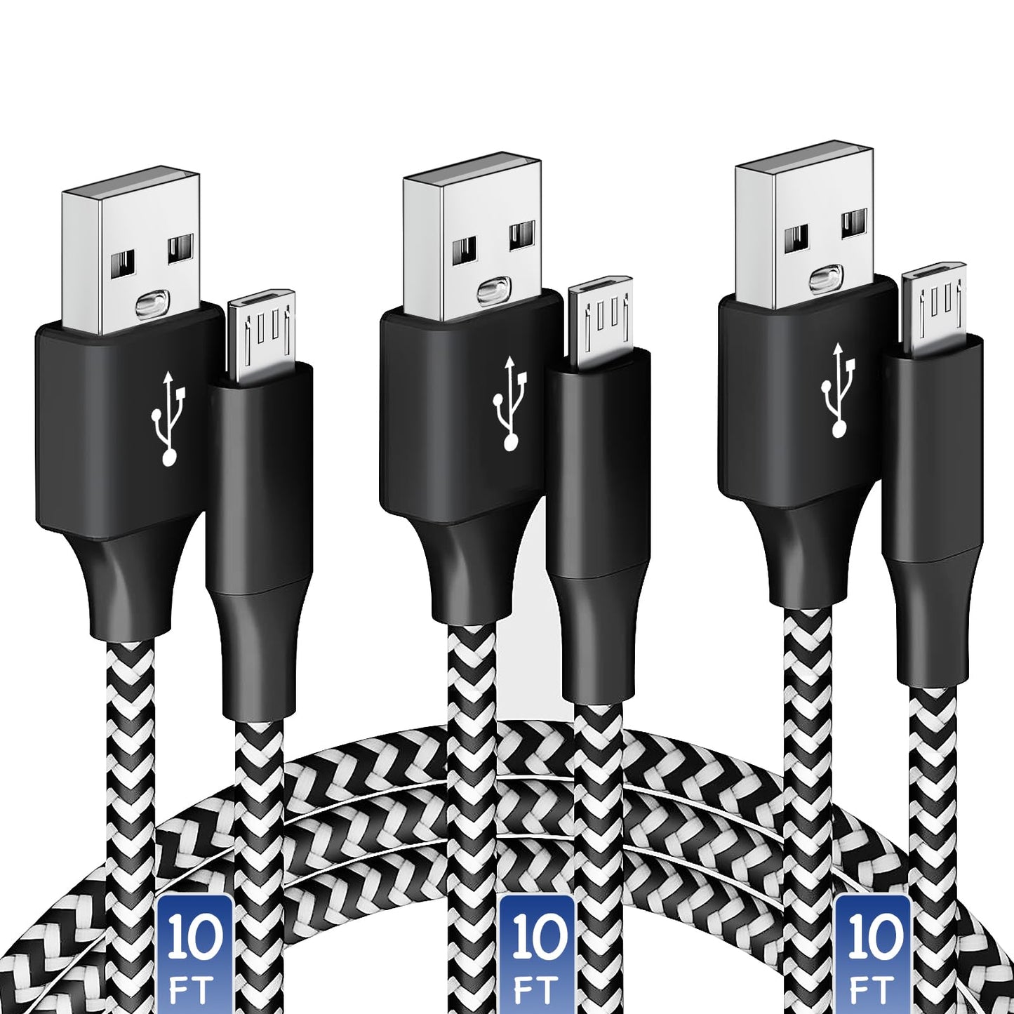 Oillgle Micro USB Charging Cable 10/10/10FT, 3 Pack Nylon Braided Charger Cables Black&White