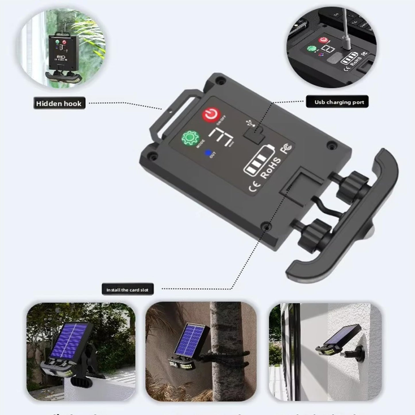 ZHIIDIAN Solar Power Wall-Mounted Motion Sensor Super Bright LED Light with Clip, USB Charging LED Camping Light with Three Modes
