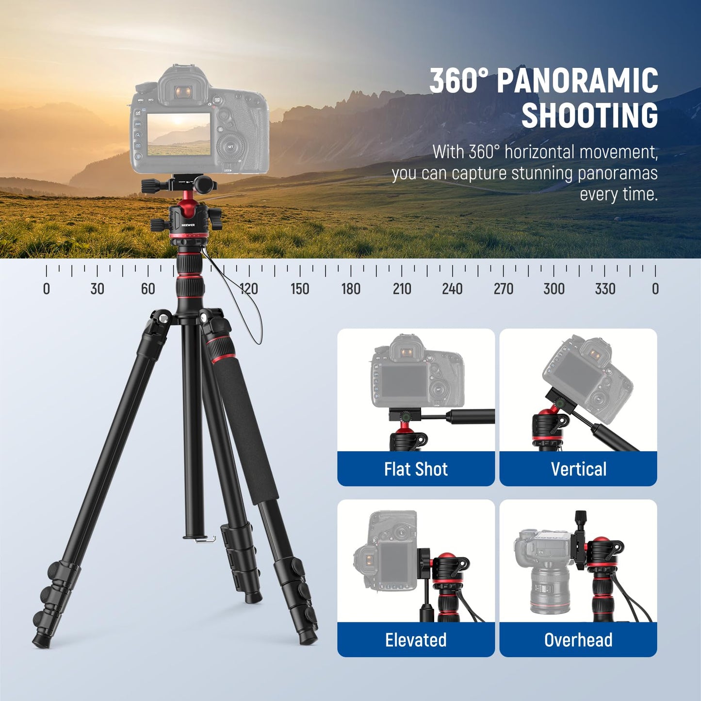 NEEWER BASICS Camera Tripod Monopod, 77" Compact Lightweight Travel DSLR Video Stand 360° Ball Head, Arca Type QR Plate, Reversible Legs, Inverted