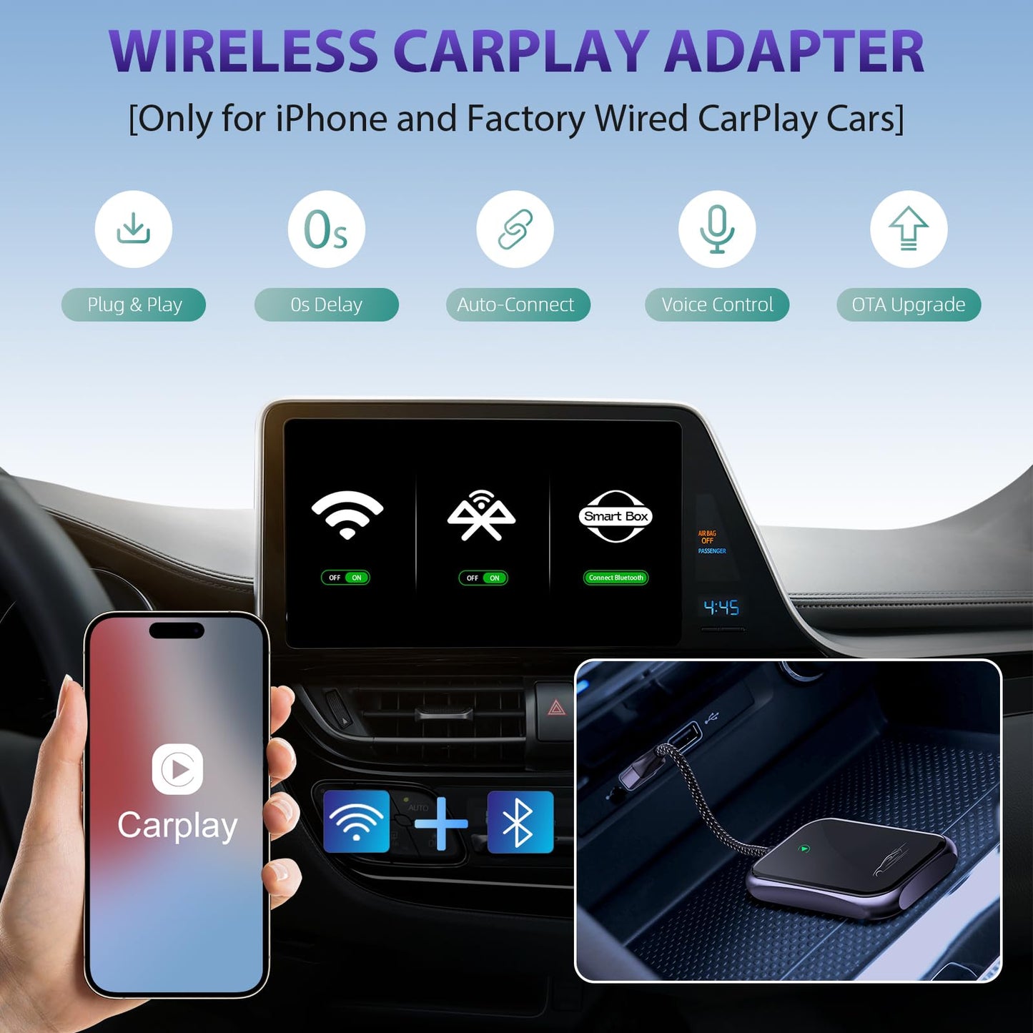 Wireless Carplay Adapter, 2025 Upgrade Converts Wired to Wireless Adapter for iPhone, Auto Connect Dongle for Apple Car Play, Bluetooth No Delay