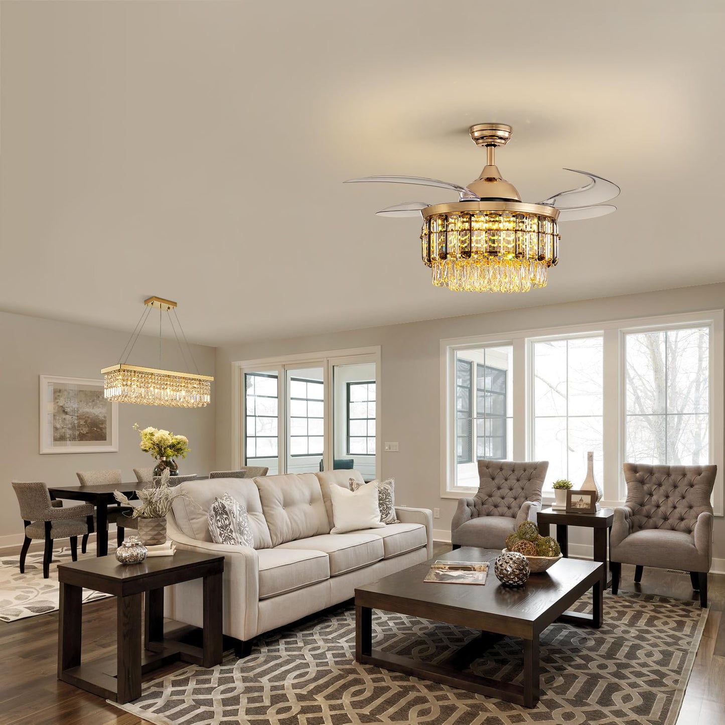 Siljoy 48 Inch Crystal Ceiling Fan with Light, Retractable Ceiling Fan with Lights Chandelier Fan, 6 Speeds, Dimmable Rose Gold Crystal Fandelier