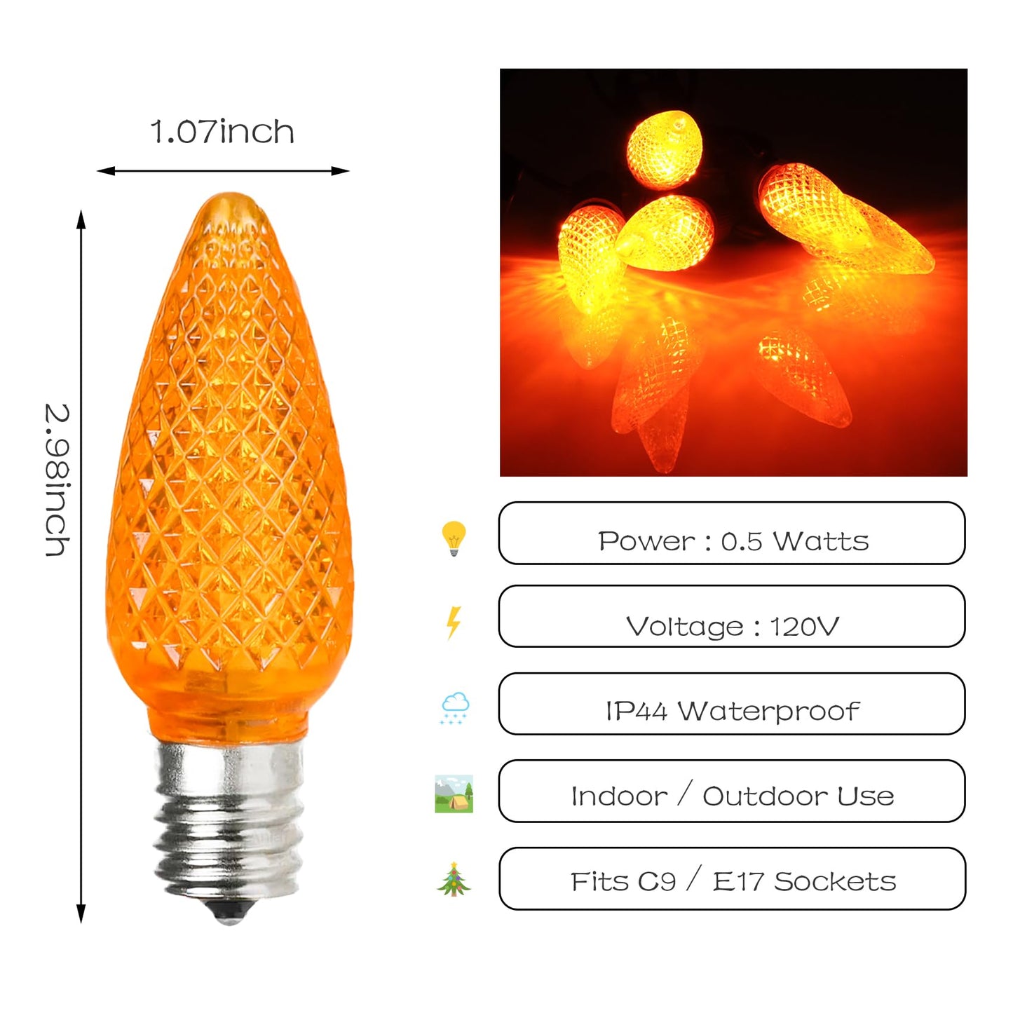 Aniai 25 Pack C9 LED Replacement Bulbs, E17 Base Orange for Christmas Light