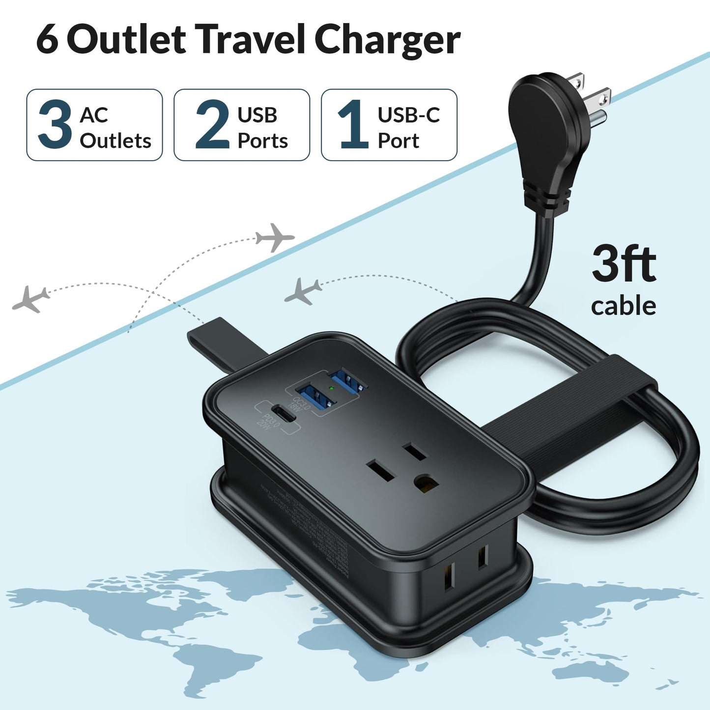 Travel Charger for Multiple Devices, Flat Plug Power Strip 3ft Adapter Extension Cord, 3 AC Outlets, 2 USB & 1 Fast Charging USB-C, No Surge Cruise