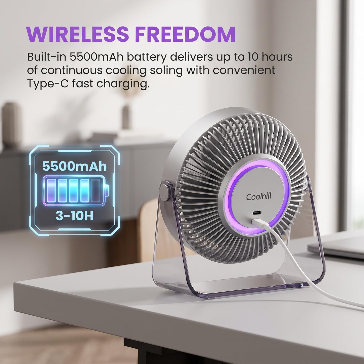 WKELIAOWP USB Desk Fan 100 Speeds with Digital Display & 120° Oscillation