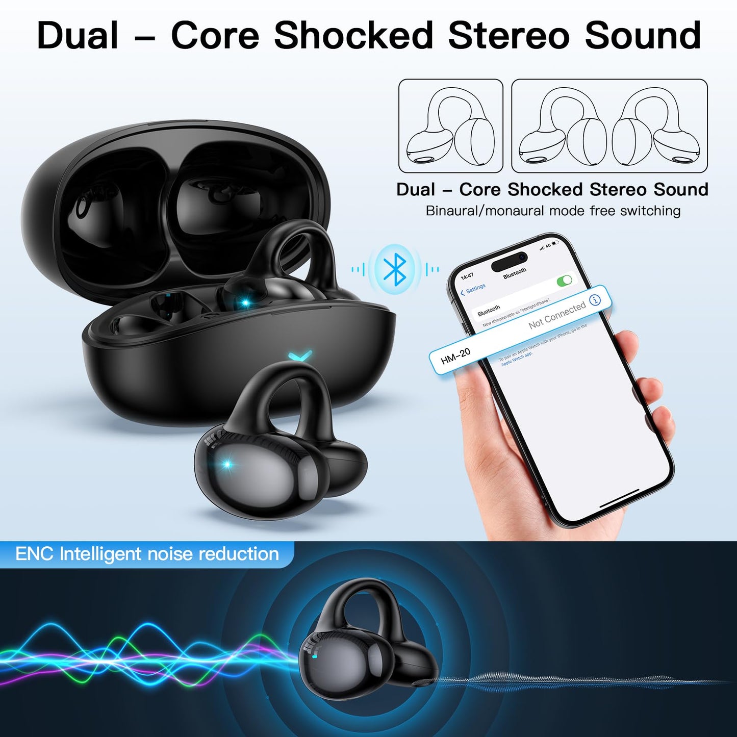 Cemobene Earbuds Wireless Bluetooth 5.4 Open Ear Clip Headphones with Mic, 55H Play, IPX5 Waterproof Sports Earphones, Noise Cancelling Micโฆ