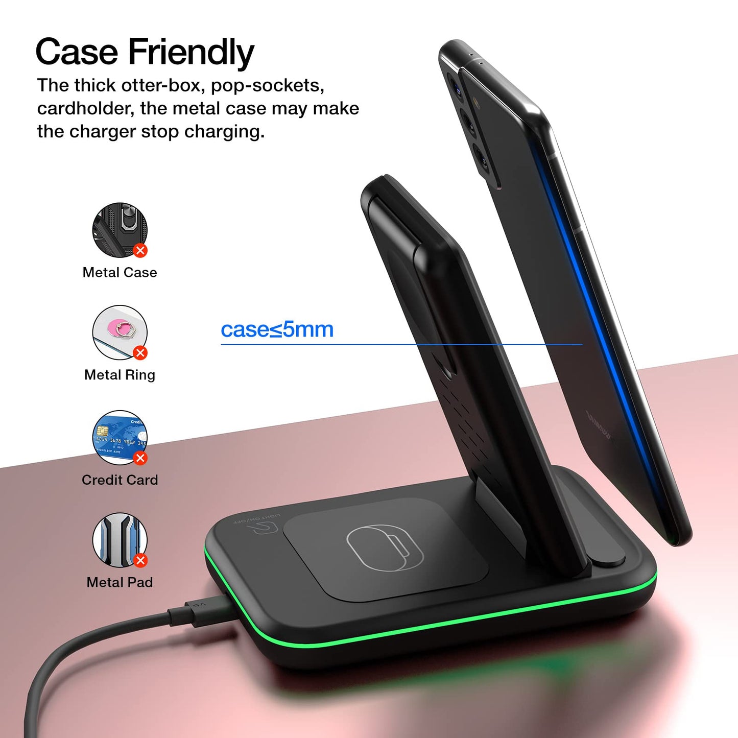 Wireless Charger for Samsung/Android, HOLYJOY Foldable 3 in 1 Fast Charging Station/Stand/Multi Charger for Samsung S25 Ultra/S24/Note 20, Travel Pad
