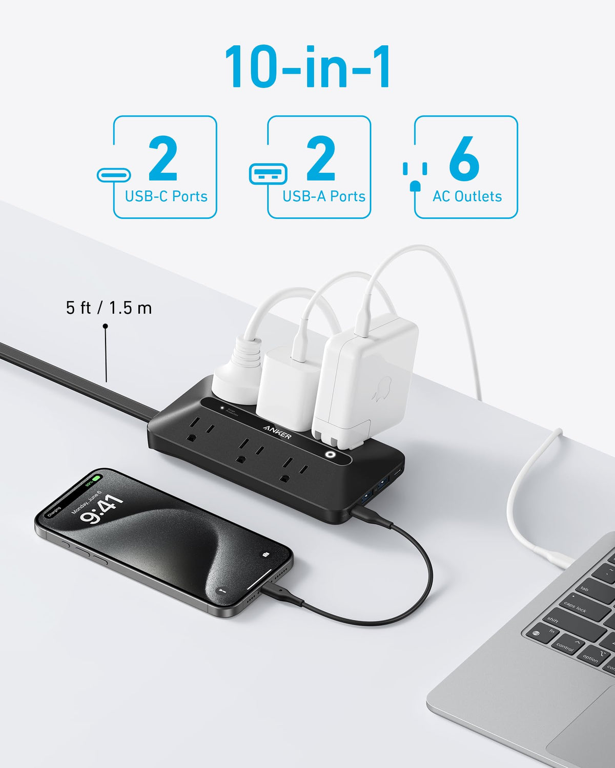 Anker Power Strip with 300J Surge Protector, Flat Plug Extension Cord with Multiple Outlets, 6 AC, 2 USB A & 2 USB C Ports for 20W, 5ft Outlet