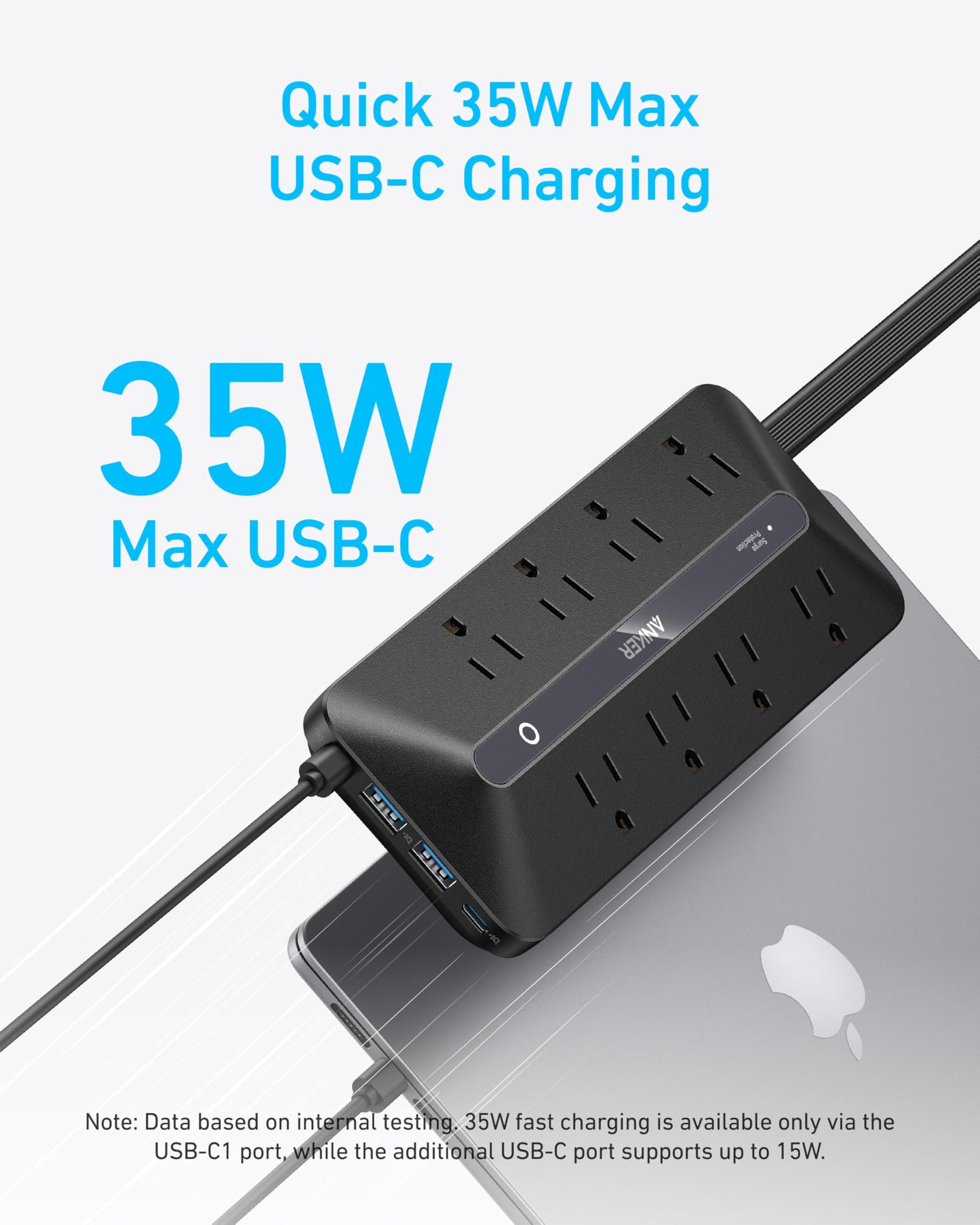 Anker Power Strip with 900J Surge Protector, Flat Plug Extension Cord with Multiple Outlets, 8 AC, 2 USB A & 2 USB C Ports for 35W Max, 5ft Outlet