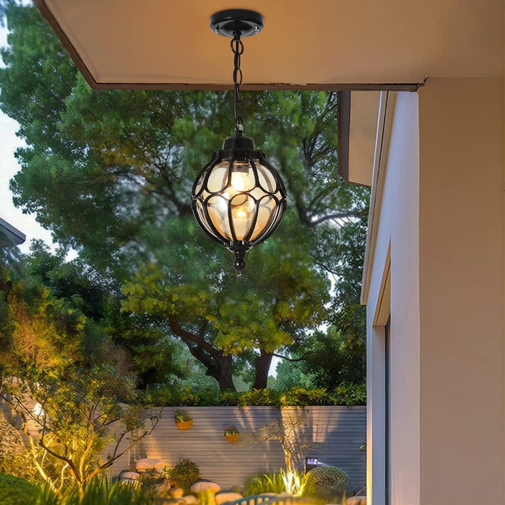 SLAWA Outdoor Pendant Light For Porch Farmhouse Exterior Hanging Lights With Adjustable Chain Anti-Rust Aluminum With Ball Amber Glass Waterproof