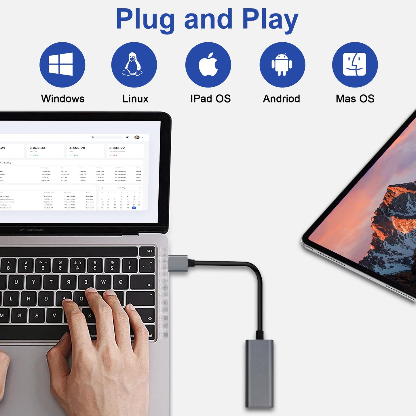 HOYAWU USB to Ethernet Adapter, 1000Mbps Gigabit RJ45 to USB Network Adapter, Plug and Play, Compatible with Nintendo Switch, Laptop, PC, MacBook