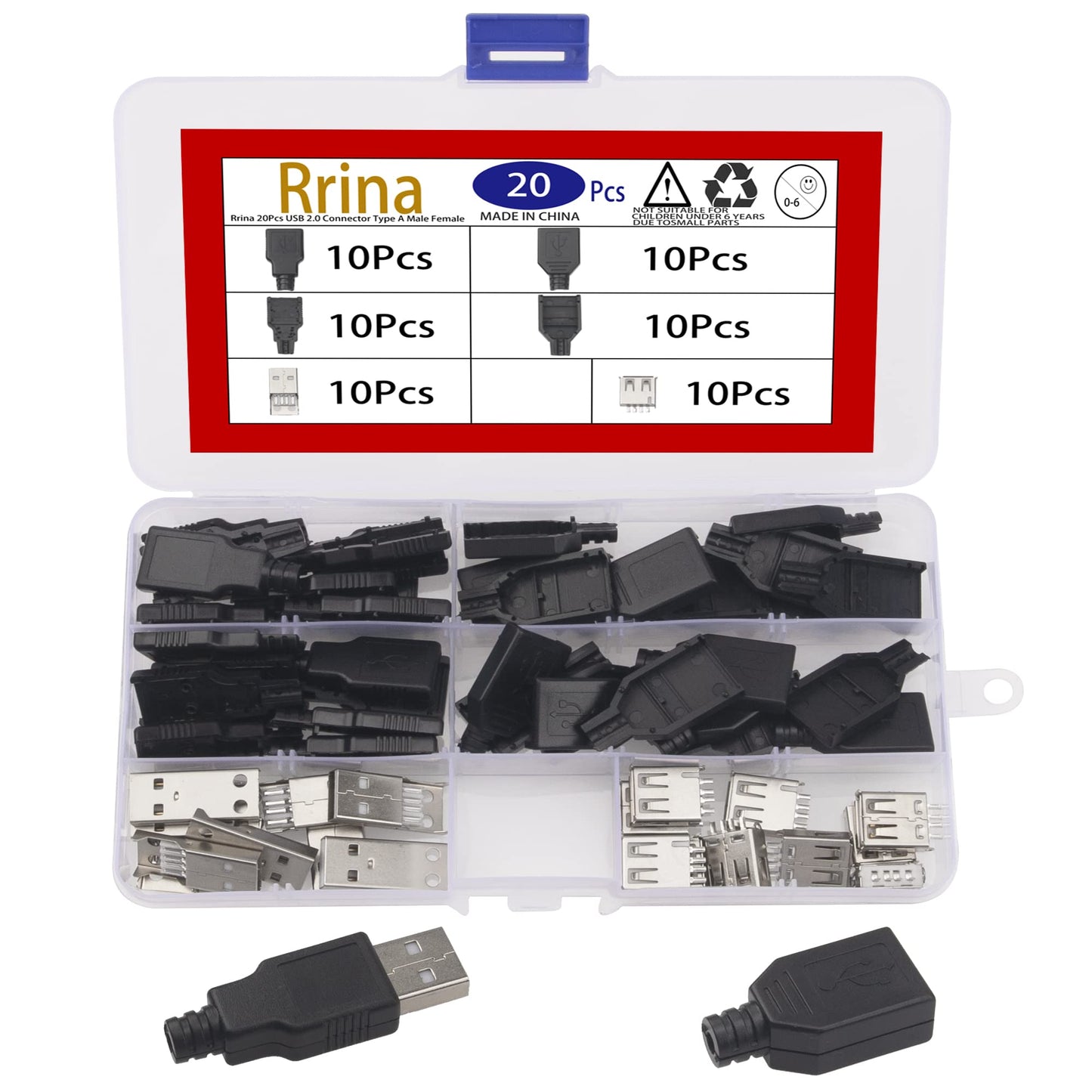 Rrina 20Pcs USB 2.0 Connector Type A Male Female 4 Pin Plug Jack Socket with Black Plastic Cover DIY