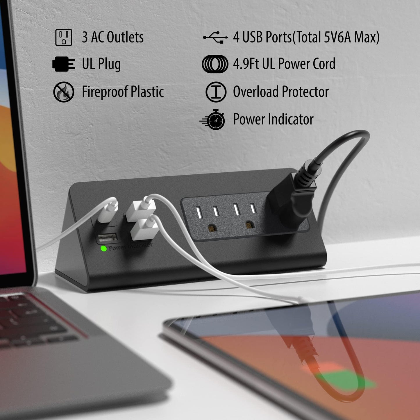 Power Charge Station Edge clamp Mount with USB-C Ports?Tabletop Surge Protector, Desk Clamp Power Sockets with 3 AC Outlets and 4 Fast Charging USB