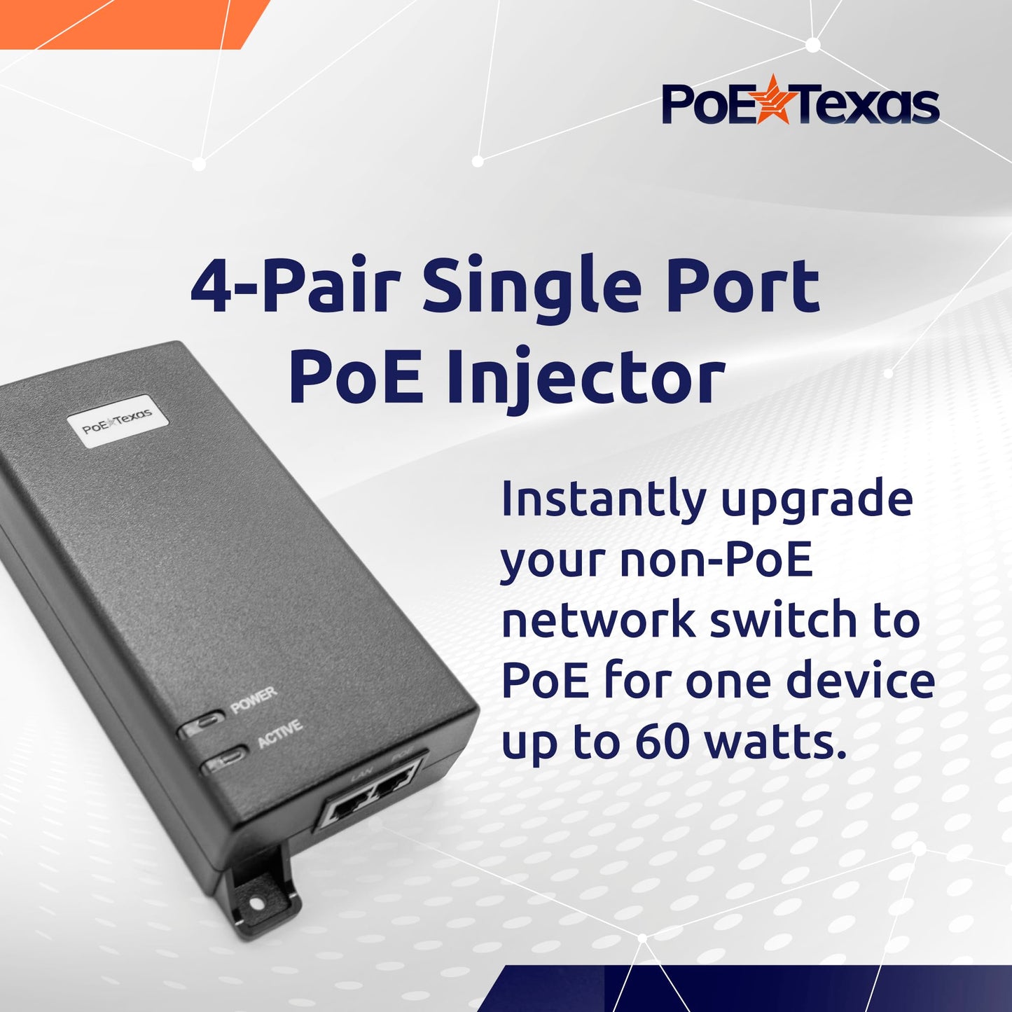 Poe Texas PoE Injector - 802.3bt PoE++ Single Port 4 Pair Power Over Ethernet Injector - 6KV Surge Protection - Active PoE Adapter 55V 60W Output