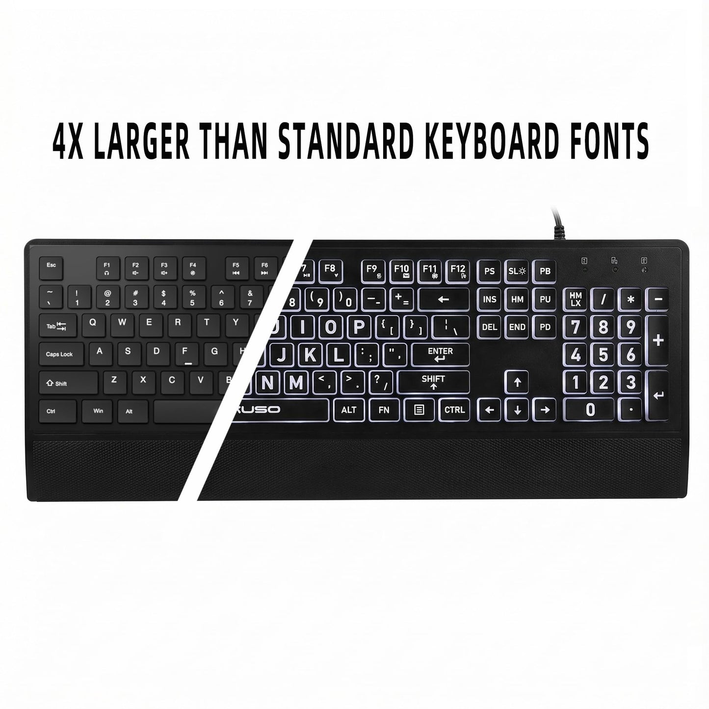 Large Print Backlit Keyboard - High Visibility Big Letter White led,Keyboard for Seniors and Low Visually Impaired, Wired USB with light up and Wrist