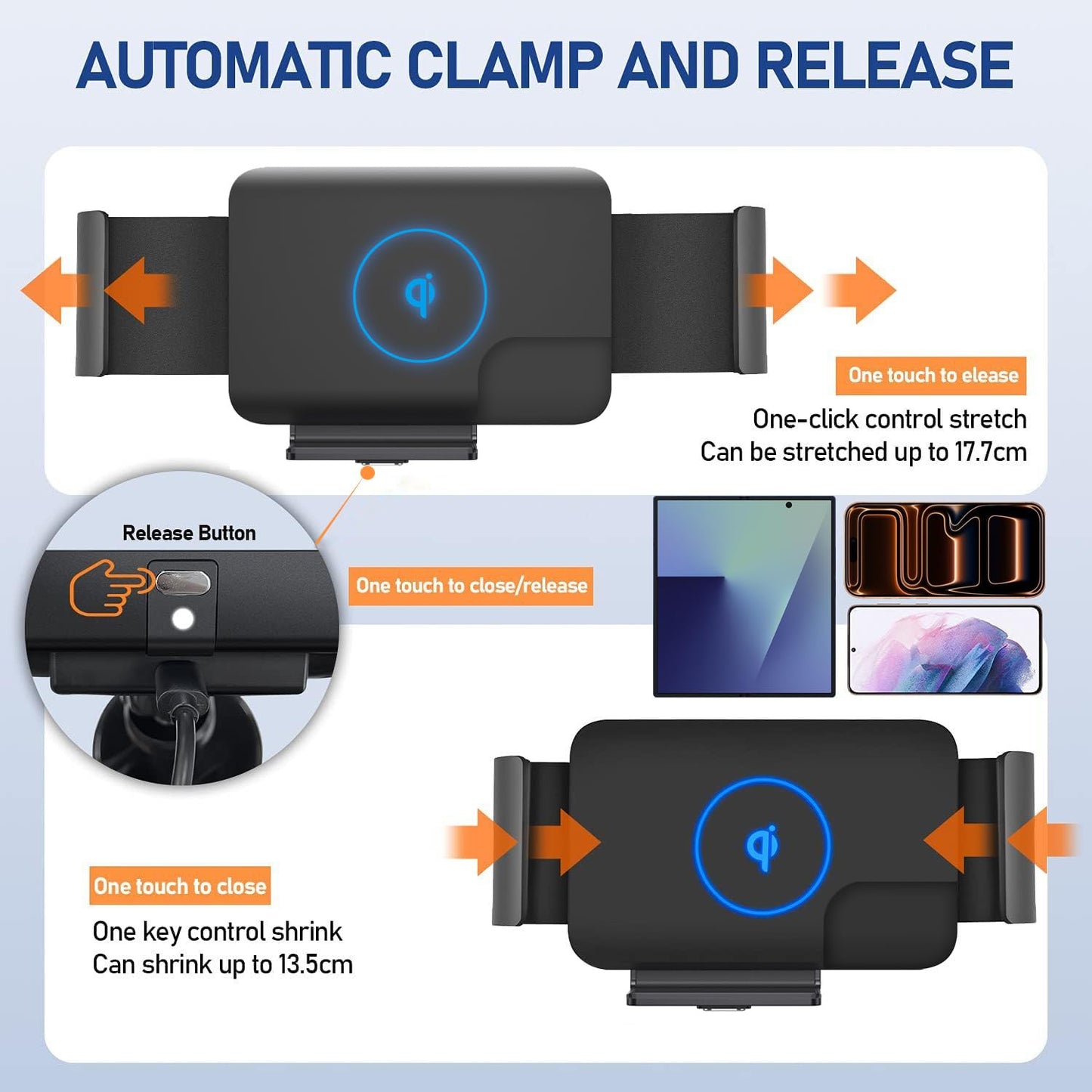 DearHot 15W Qi Wireless Car Charger Mount Holder Compatible for Samsung Galaxy Z Fold7 Fold6 Fold5 Fold4 Fold3 Fold2 Fold 4.3in-6.9in Phone Auto Clamp