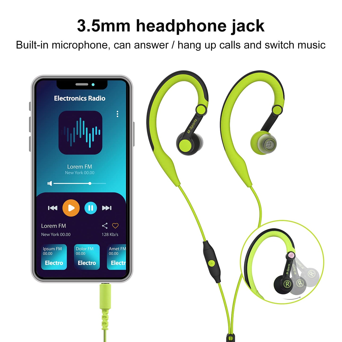 mucro Sport Headphones Wired Running Earphones with Earhook (3.5mm, Green)