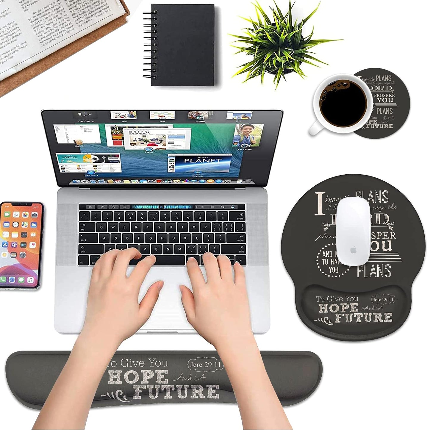 Keyboard Wrist Rest and Mouse Pad Wrist Support Set with Coasters, Non-Slip PU Base, Easy Typing and Relieve Wrist Pain, Perfect for Home Office
