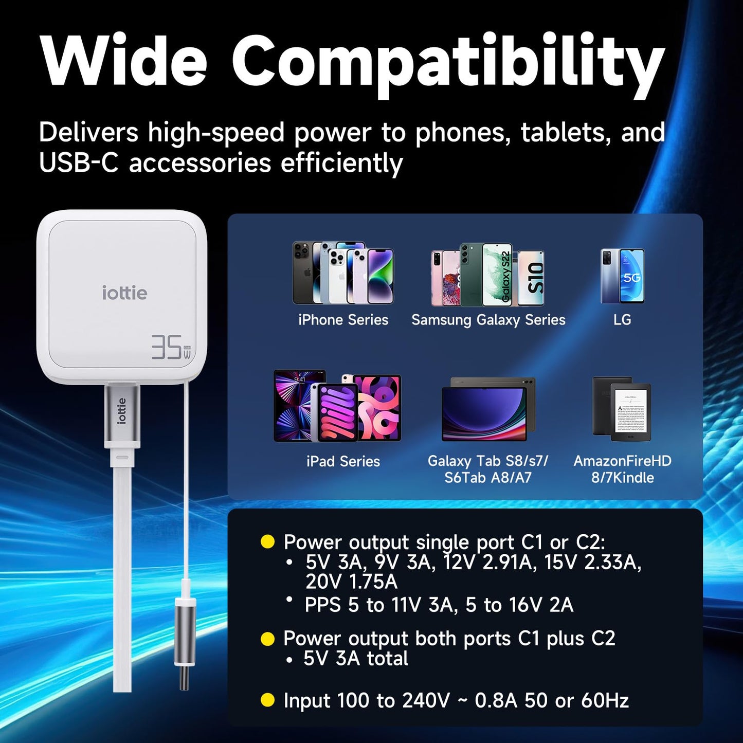 Basix by iOttie 35W GaN Wall Charger with Built-in Retractable USB-C Cable and Extra USB-C Port, Dual Device Fast Charging, Compact Travel Charger