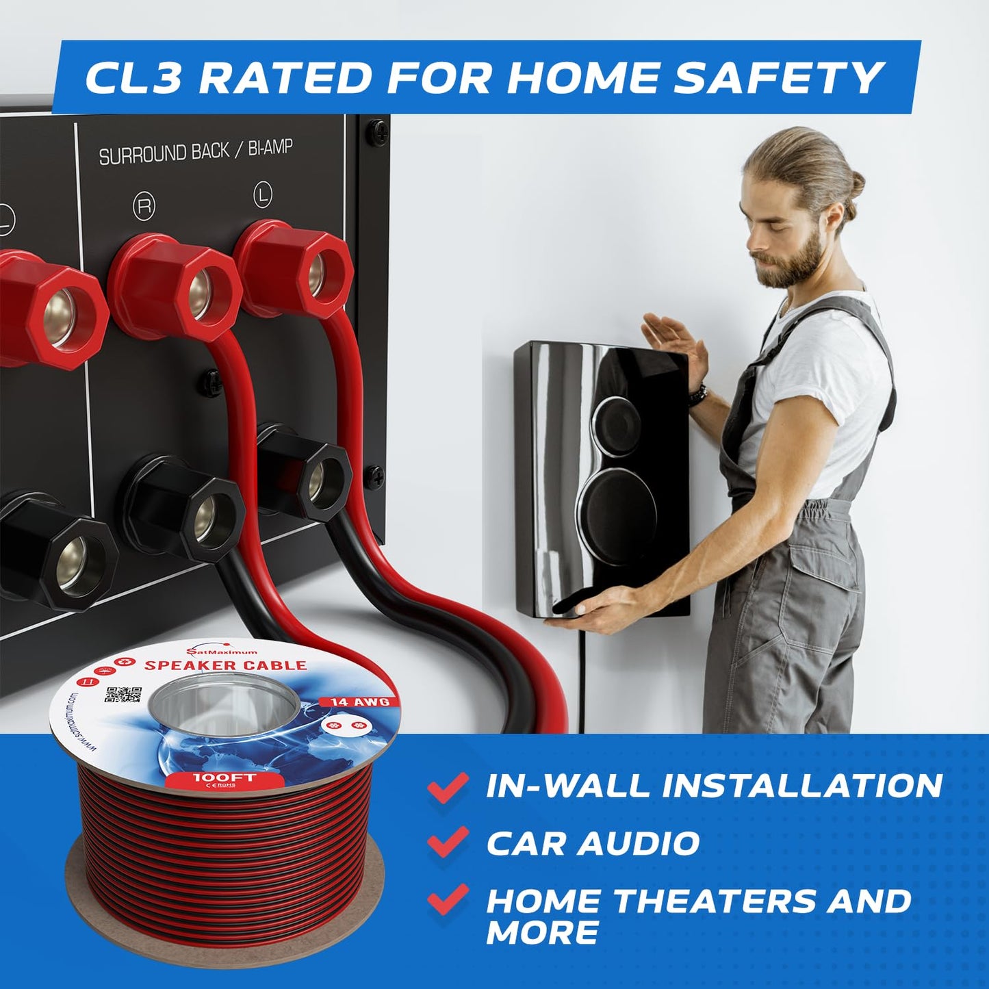 Cables Direct Online Speaker Cable 100FT 16AWG 2 Conductors (16/2) CL3 Rated CCA (Copper Clad Aluminum) Black and Red Jacket Compatible with Low
