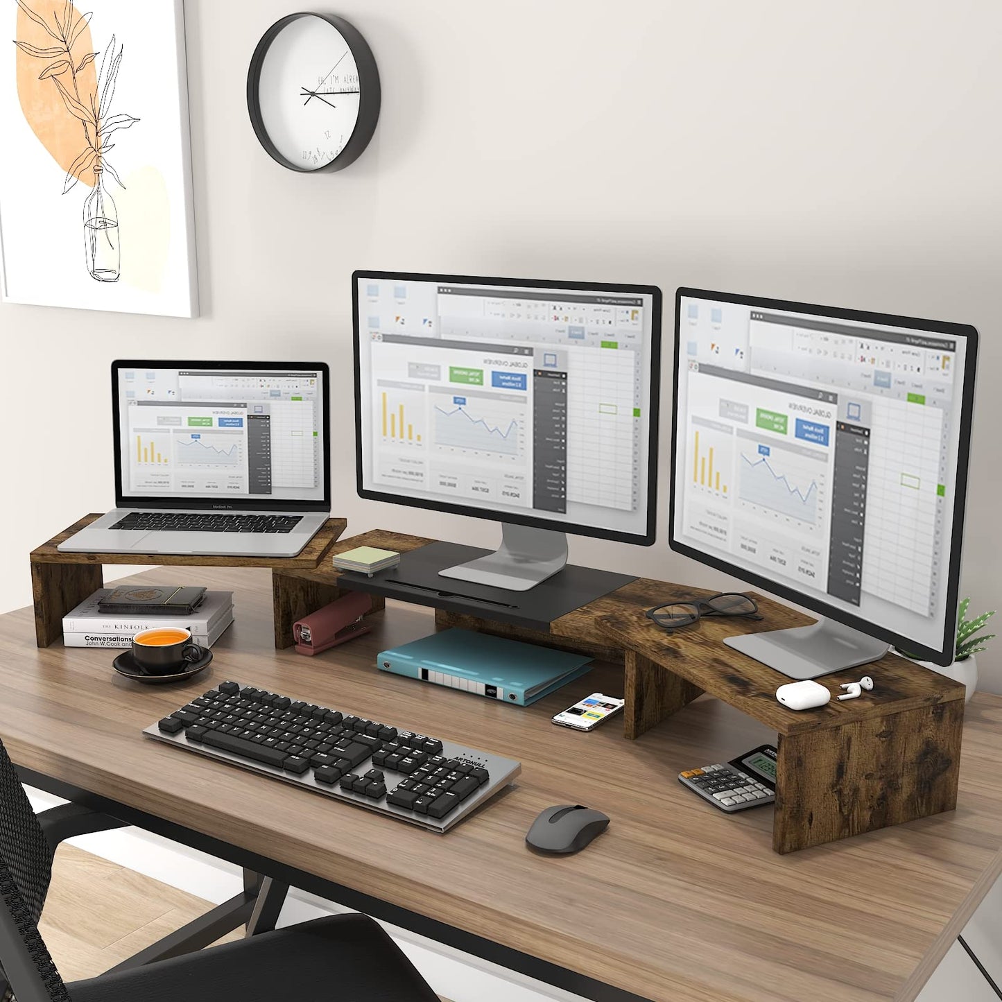 WESTREE Triple Dual Monitor Stand Riser, Extra Long Monitor Stand for 1~2~3 Monitors, Monitor Stand with Length and Angle Adjustable, 3 Shelf Desktop