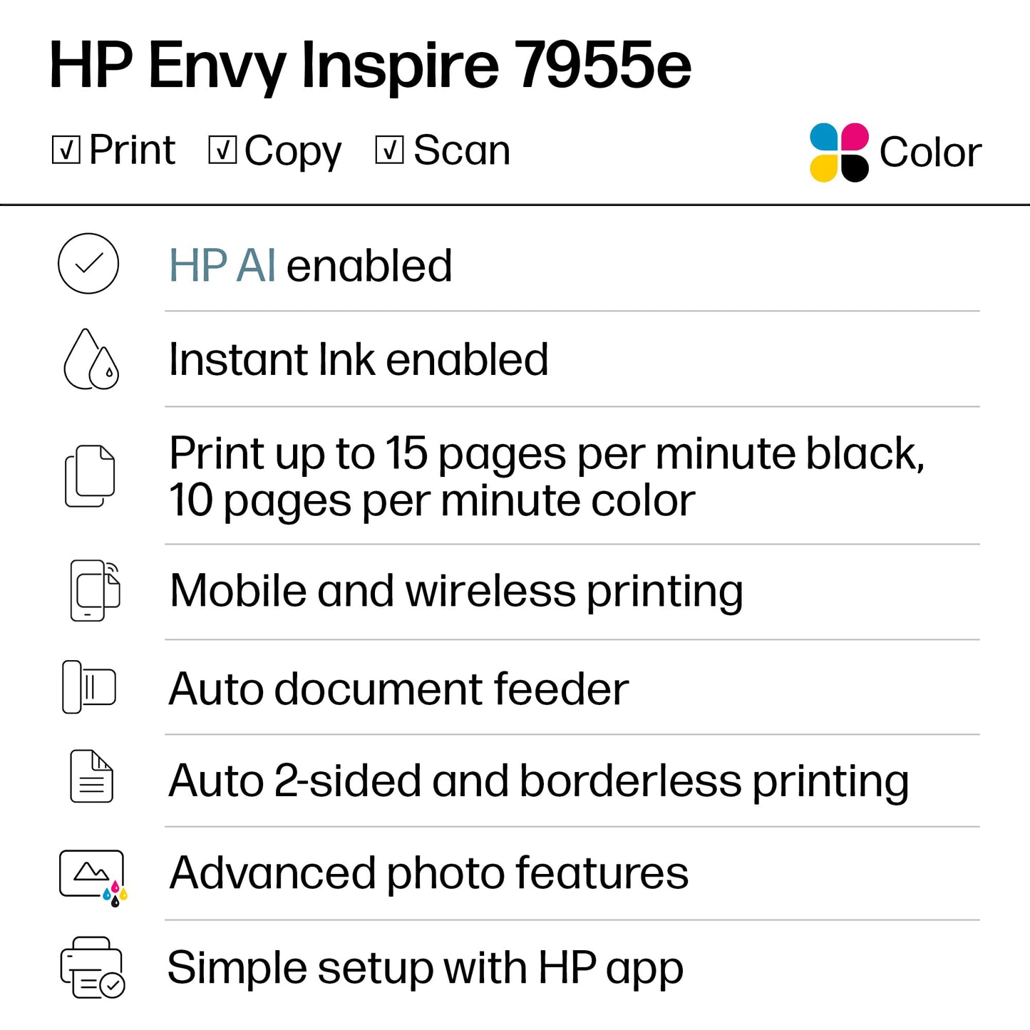 HP Envy Inspire 7955e Wireless Color Inkjet Printer, Print, scan, copy, Easy setup, Mobile printing, Best-for-home, 3 month Instant Ink trial