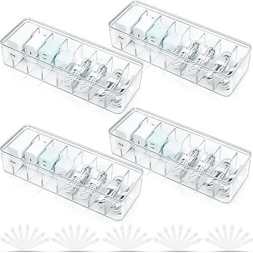 PIEMEET 4 Pack Cable Organizer Box, Plastic Cord Storage Box with Lid, Clear Cord Organizer with 8 Compartments and 40 Wire Ties, Charger Organizers