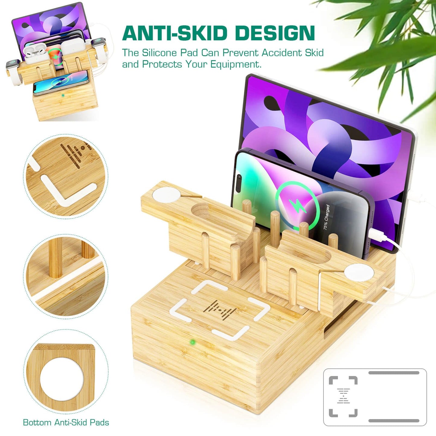 Darfoo Bamboo Phone Charging Station for Multiple Devices - Qi Certified Fast Wireless Charger & 7 USB Ports for All Phones, Tablets, Smart Watches