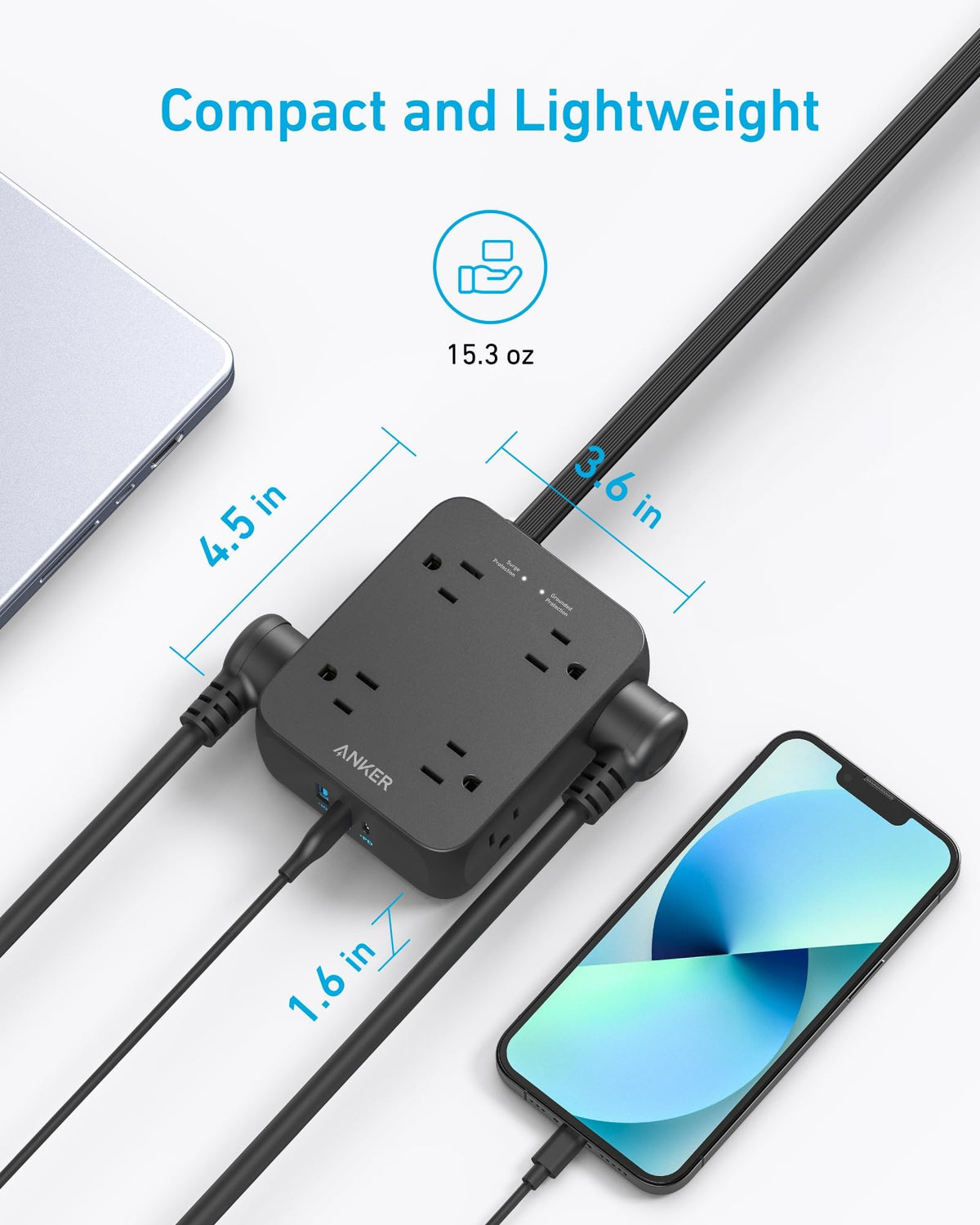 Anker Power Strip with 2000J Surge Protector, Flat Plug Extension Cord with Multiple Outlets, 8 AC, 2 USB A & 1 USB C Port for 20W, 5ft Outlet