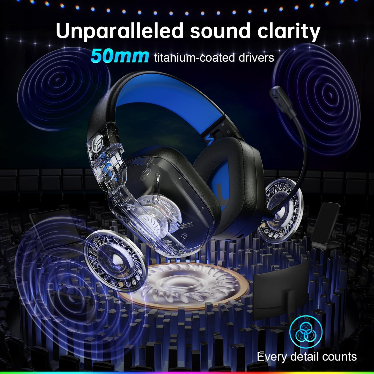 Fachixy Wireless Gaming Headset with LED Light for PS5, PS4, PC, Switch, Laptop, Mac - 2.4GHz & Bluetooth 5.4, 50H Battery, Flip Mic, Lossless Audio