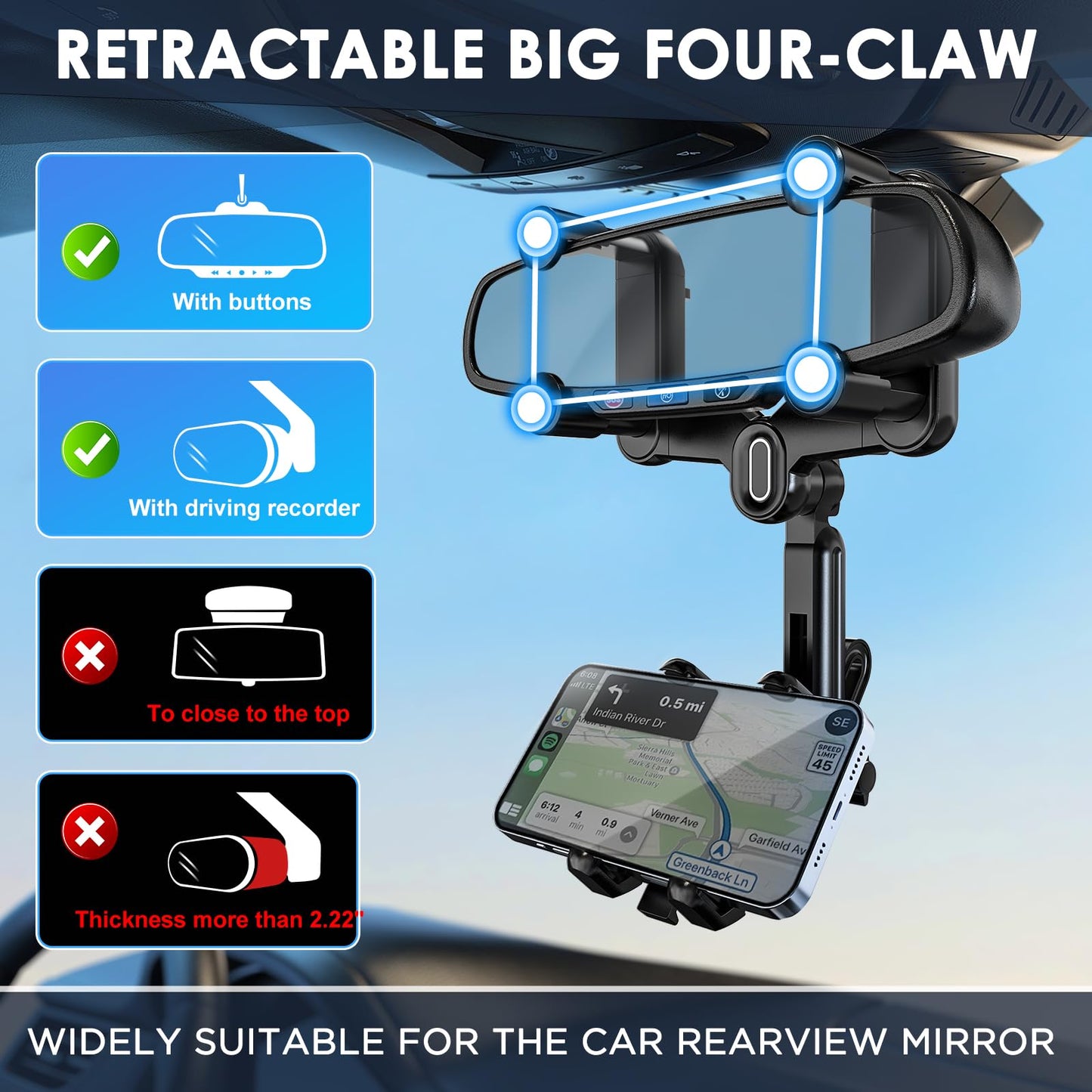 IPOW Large Rearview Mirror Phone Holder for Car 360°Rotatable and Retractable, 2024 Upgraded Four Corners Fixed Anti-Shake Multifunctional Design