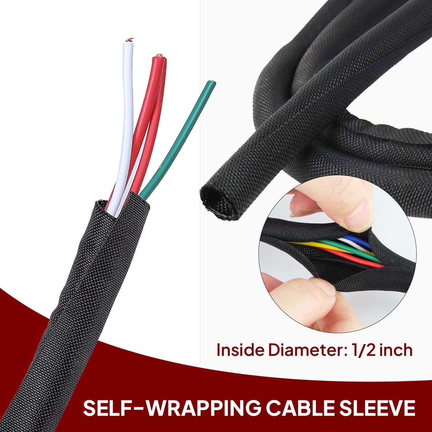 Black Braided Cable Management Sleeves Wire Loom Tubing Cord Protector Self-Wrapping (1/2"-12Feet)