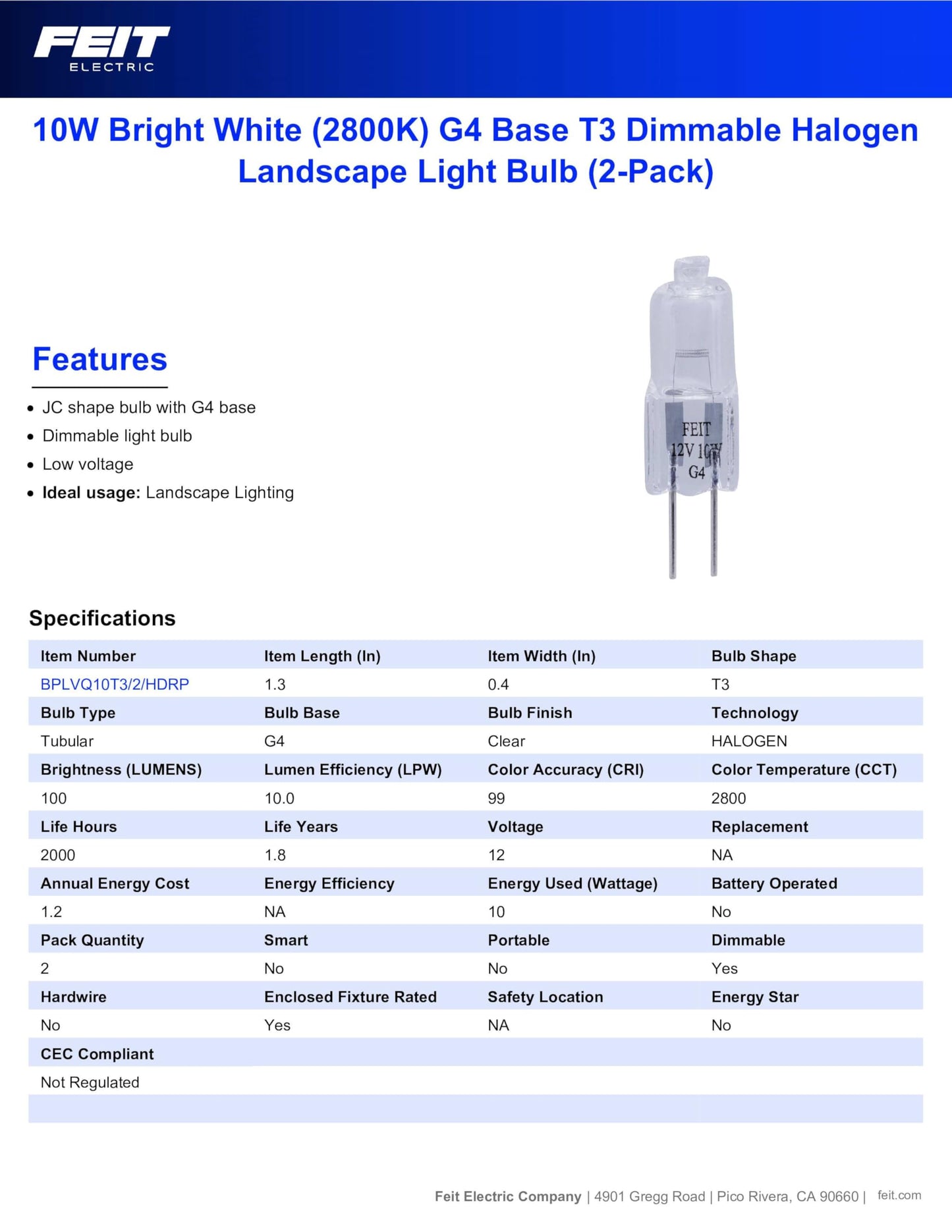 Feit Electric BPLVQ10T3/2 10-Watt Halogen T3 Bulb