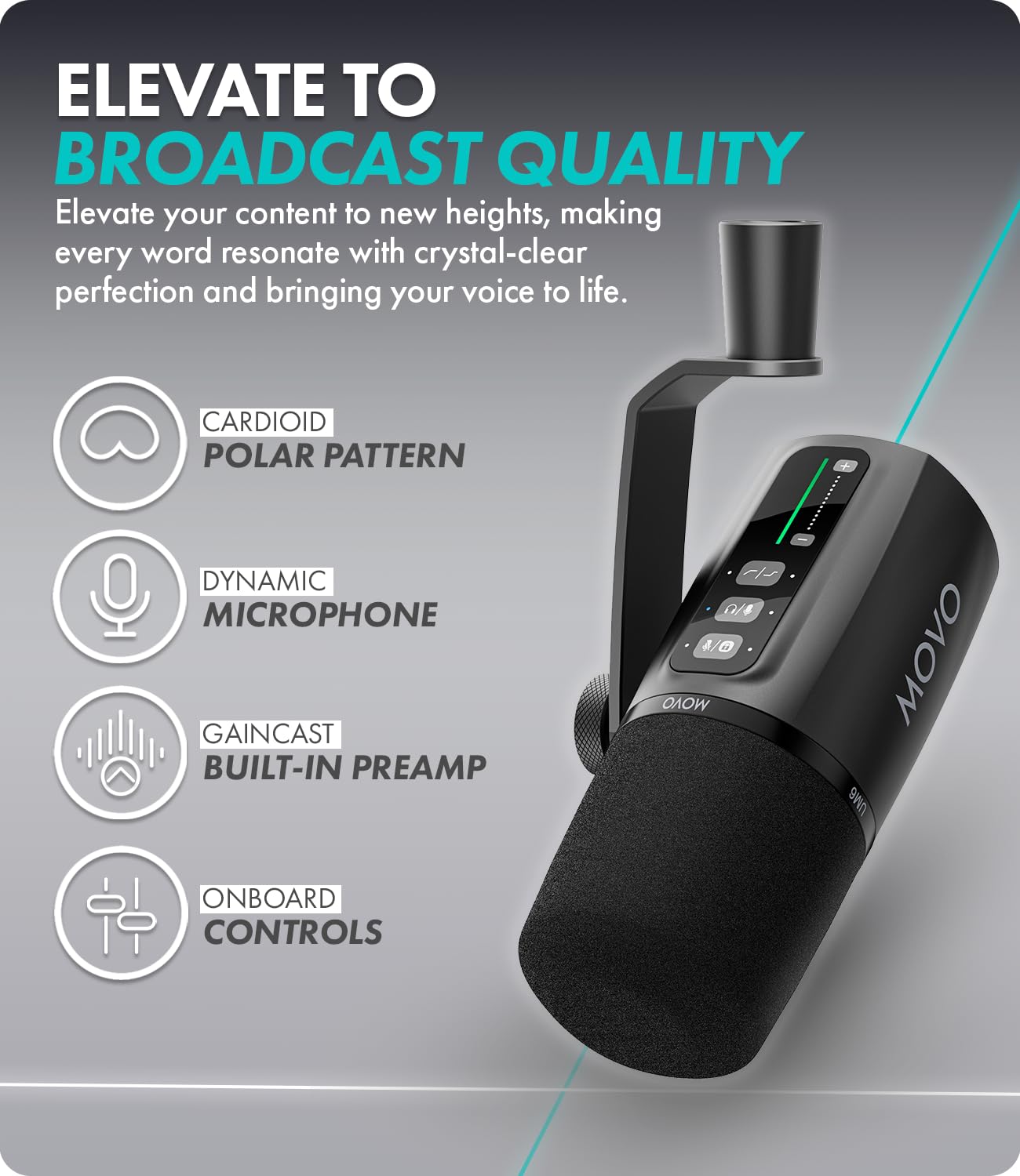 Movo UM6 Dynamic Podcast Microphone with Built-in GainCast Preamp - XLR and USB C Outputs - Studio Mic for Gaming, Podcasting, Streaming, Vocals