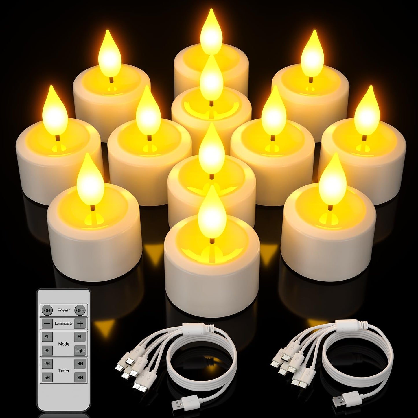 Yme Rechargeable Tea Lights Candles with Remote Timer, 12pcs Flameless Flickering LED Electric Tealights Candles with USB Cables for Home Lantern