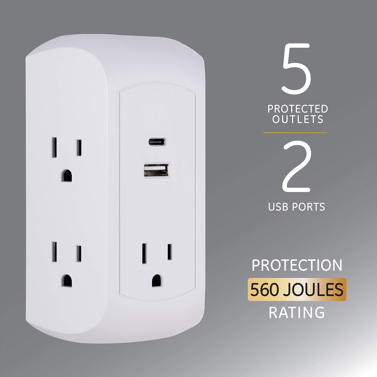 GE UltraPro 5-Outlet Extender with USB and USB-C Port, Surge Protector, Spaced Wall Tap, Side-Access, Charging Station, for iPhone/iPad/Samsung